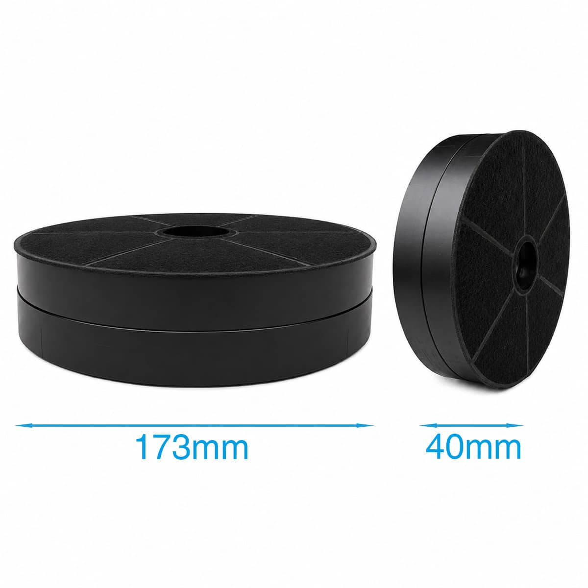 Zwei schwarze Aktivkohlefilter, einer liegt, einer steht. Maße sind 173mm und 40mm.