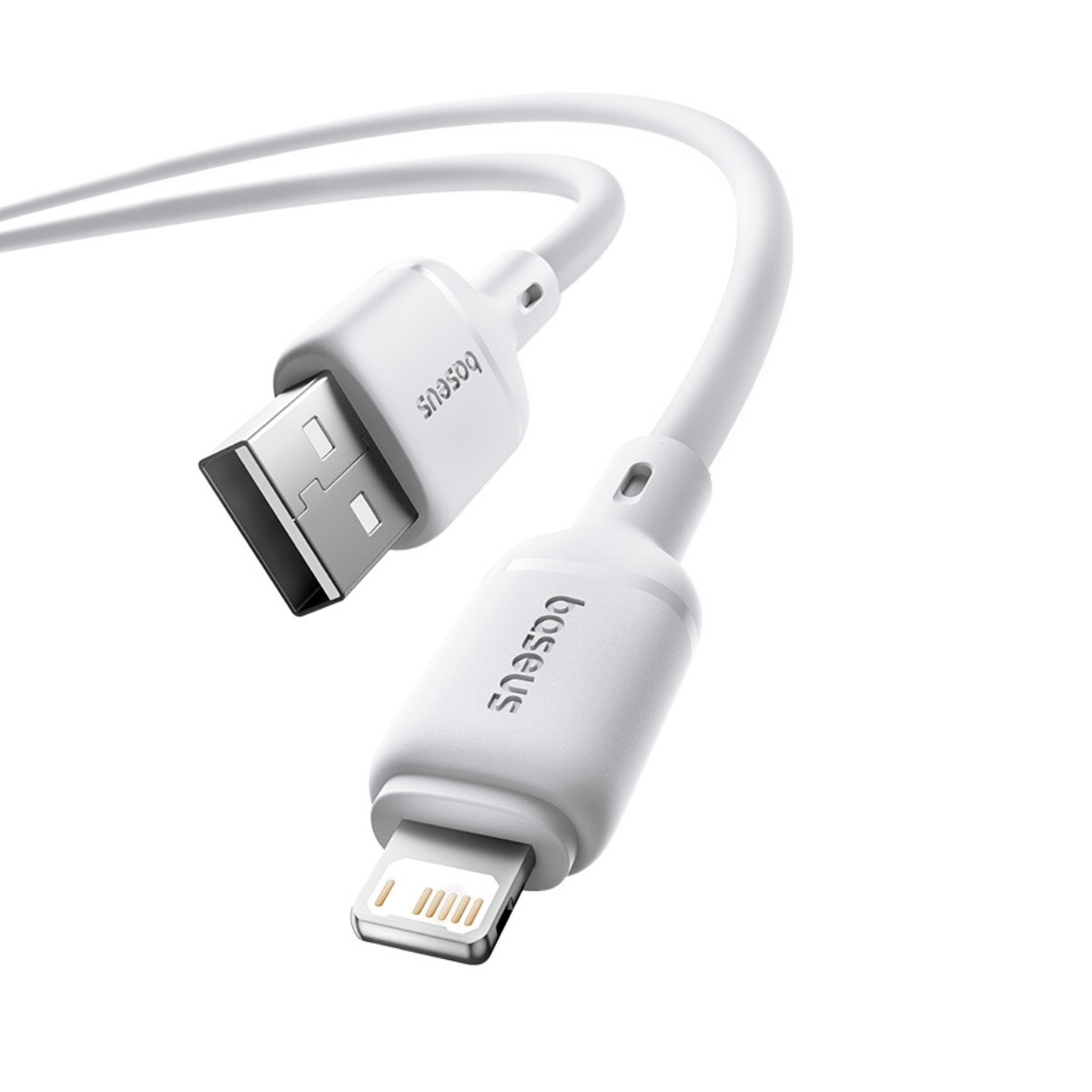 Un cavo da USB a Lightning bianco con logo Baseus su sfondo bianco.