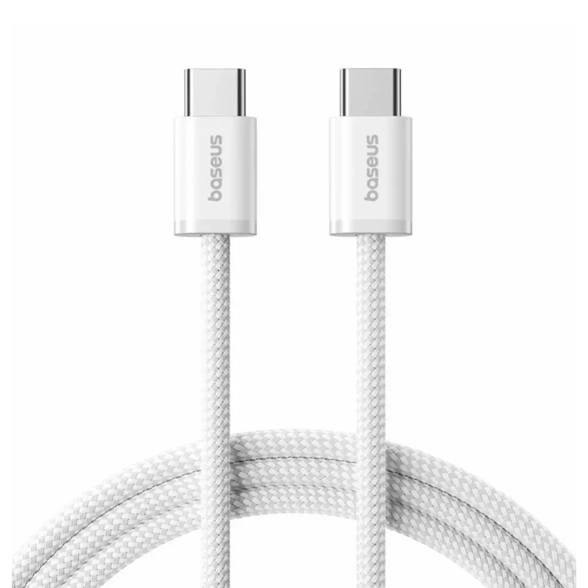 Due cavi USB-C Baseus bianchi con treccia in tessuto su sfondo bianco.