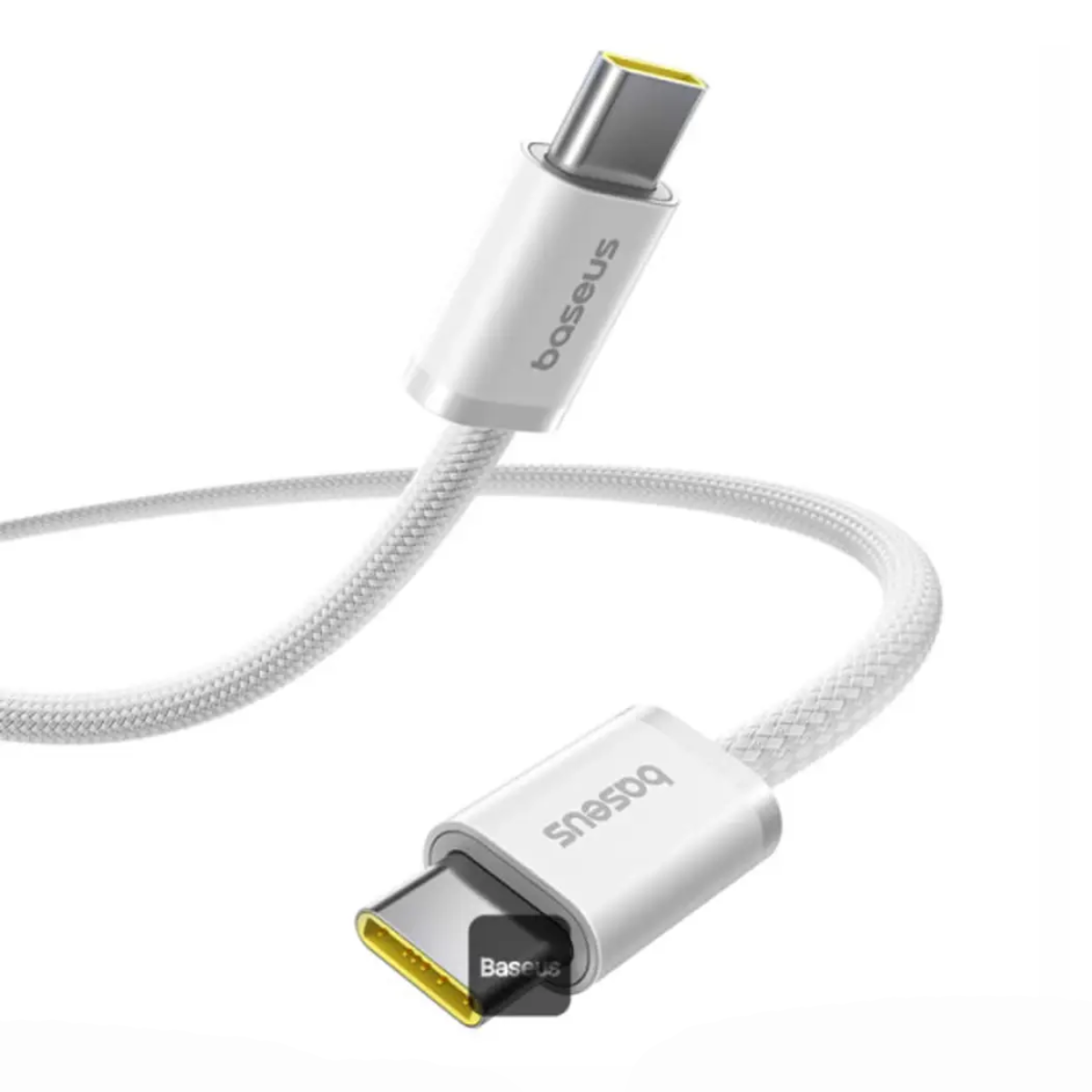 Cavo USB-C bianco Baseus con connettori argentati e accenti gialli.