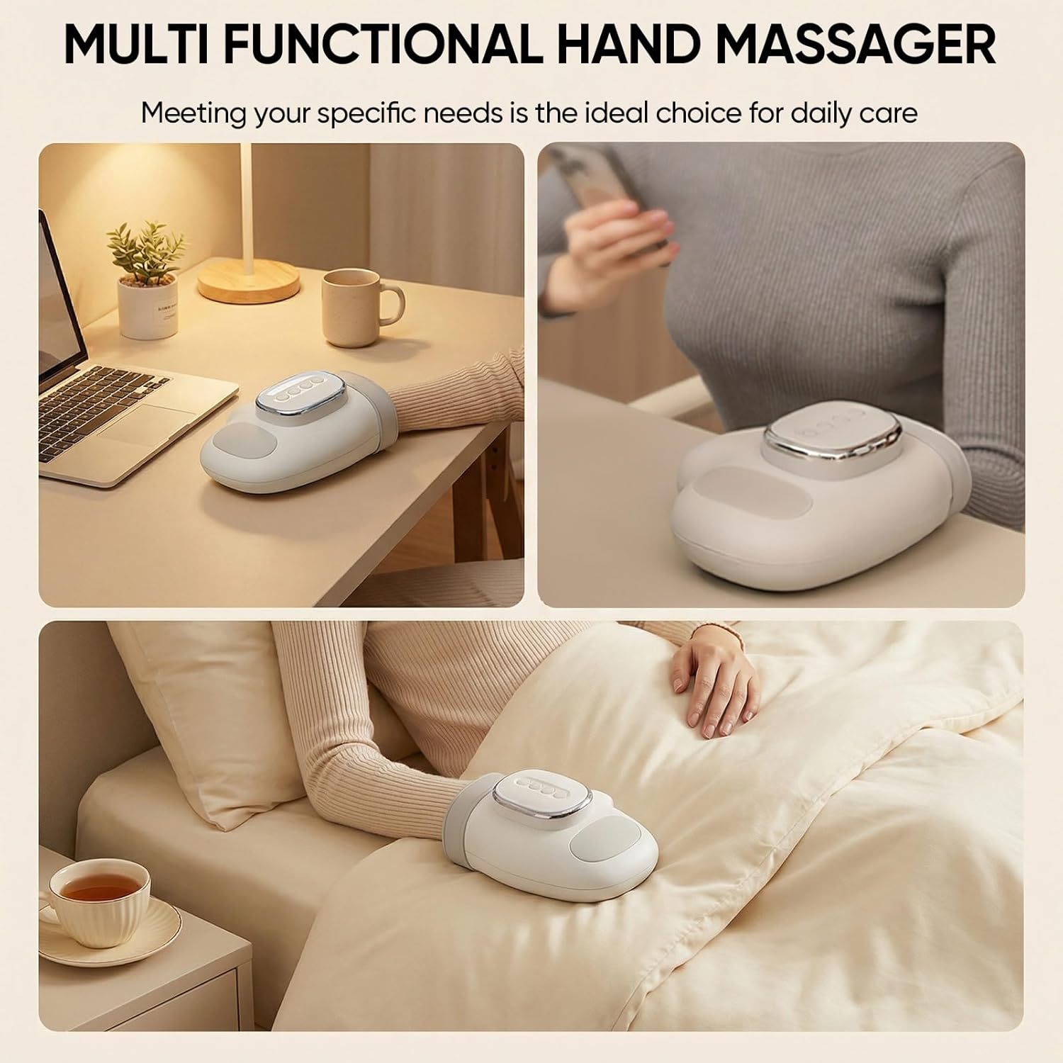 Handmassagegerät auf einem Schreibtisch neben einem Laptop, im Bett und von einer Person gehalten.