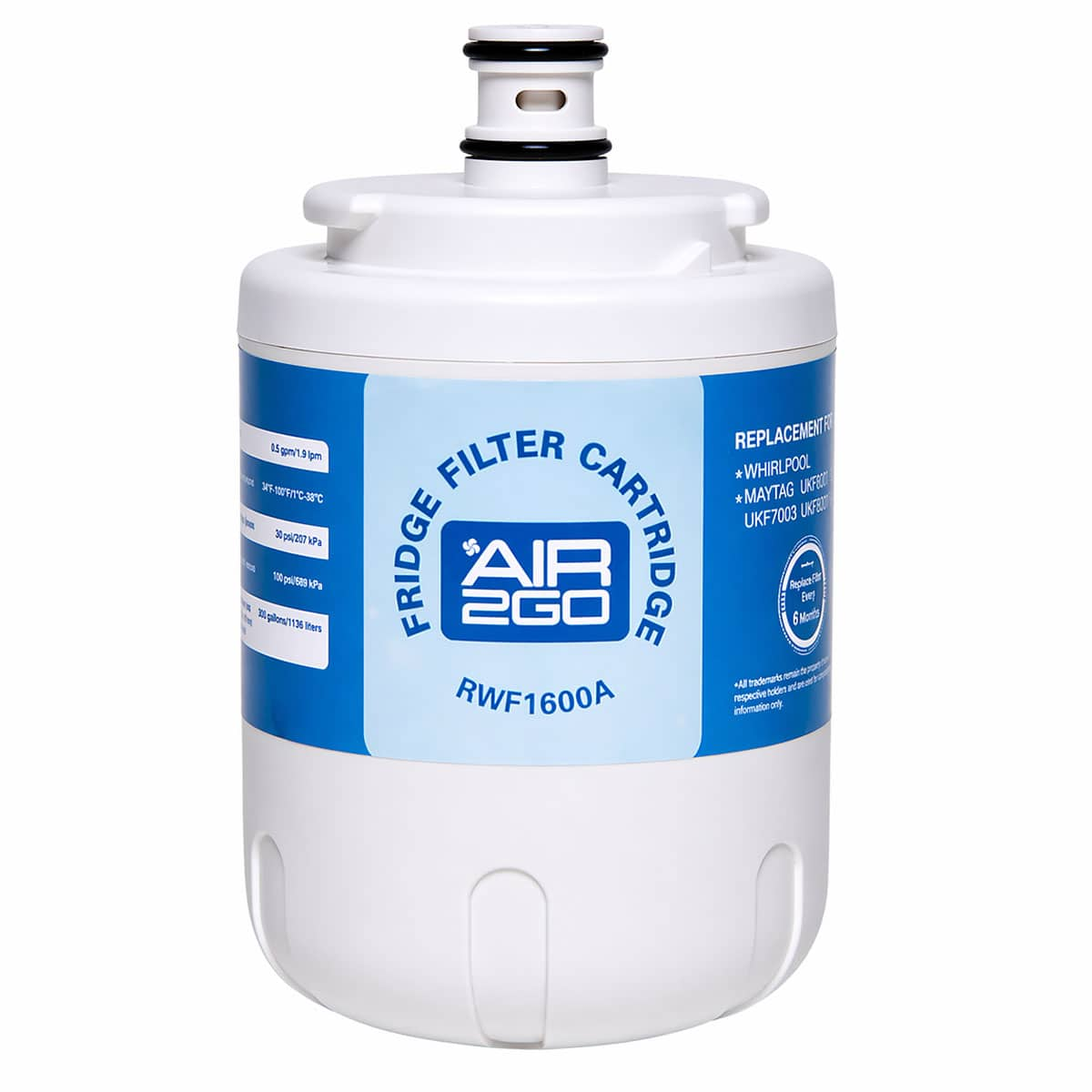 Ein weißer Kühlschrankfilter mit blauem Etikett, Modell RWF1600A.
