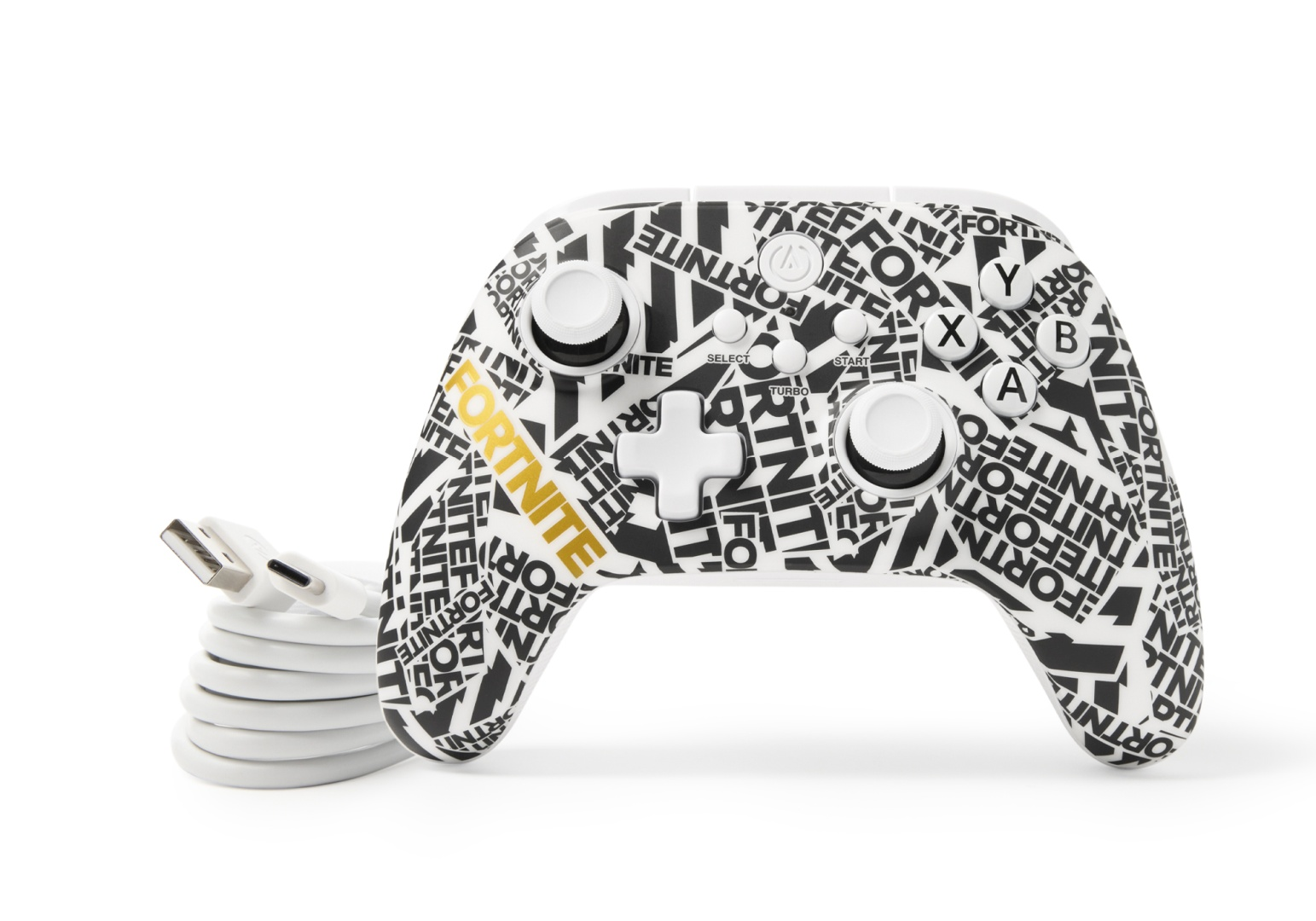 Biały kontroler Fortnite z czarnym wzorem tekstu i białym kablem USB.