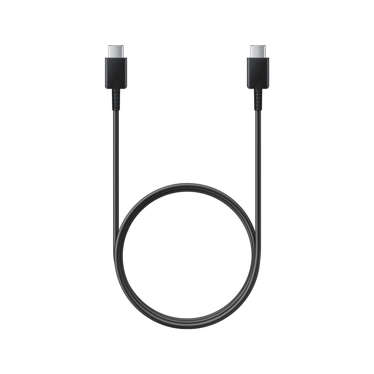 Un cavo USB-C nero con entrambe le estremità rivolte verso l'alto, su sfondo bianco.