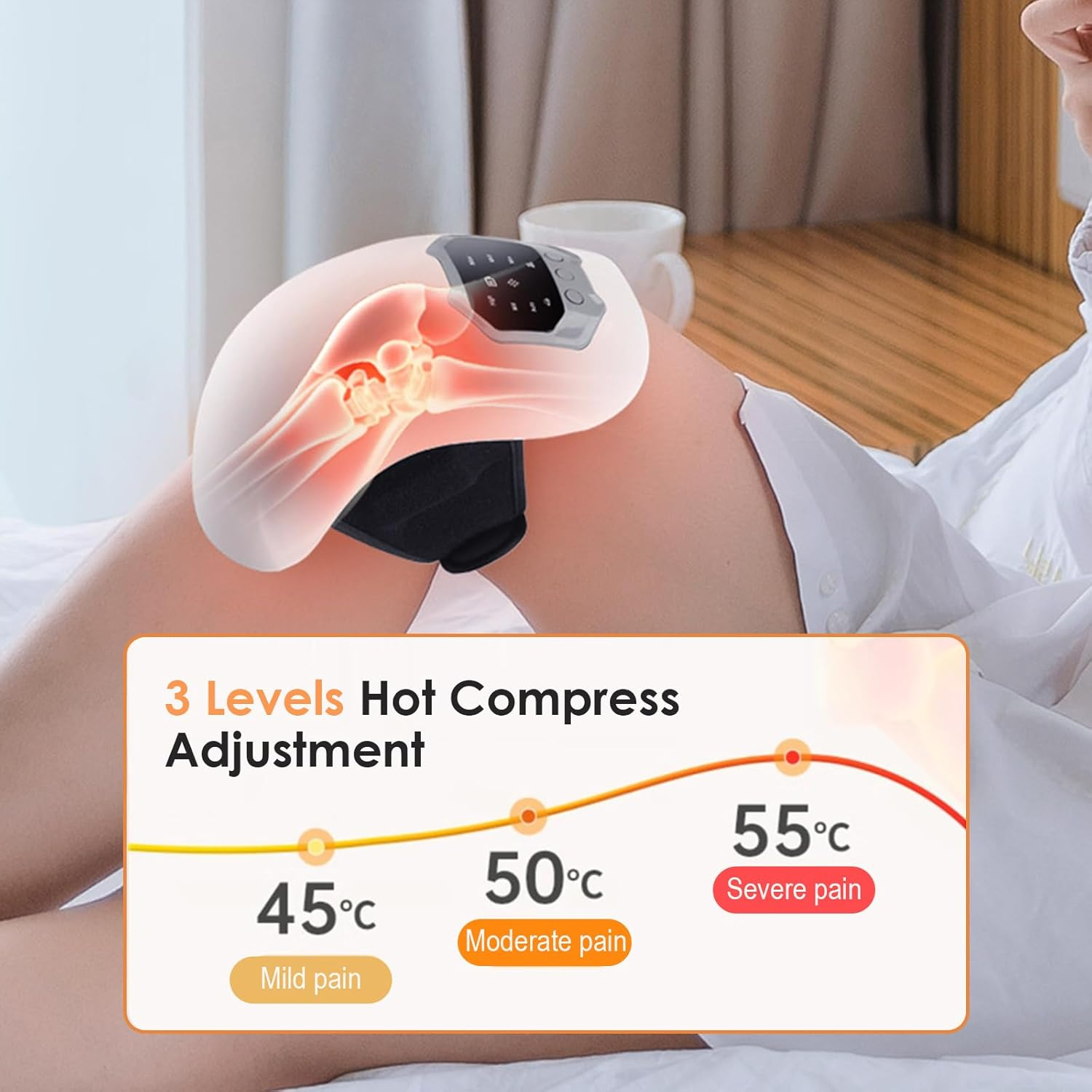 Ein Knie-Heizpolster mit 3 Stufen: 45°C (mild), 50°C (moderat), 55°C (stark).