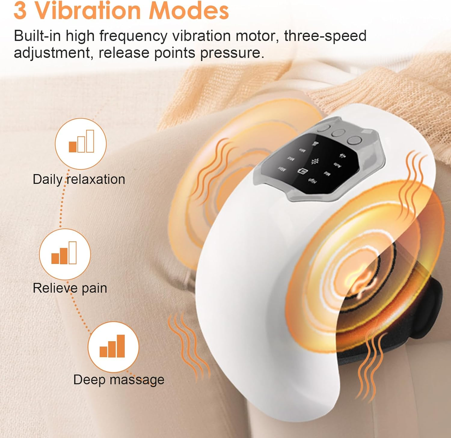 Massagegerät mit 3 Vibrationsmodi: Entspannung, Schmerzlinderung, Tiefenmassage.