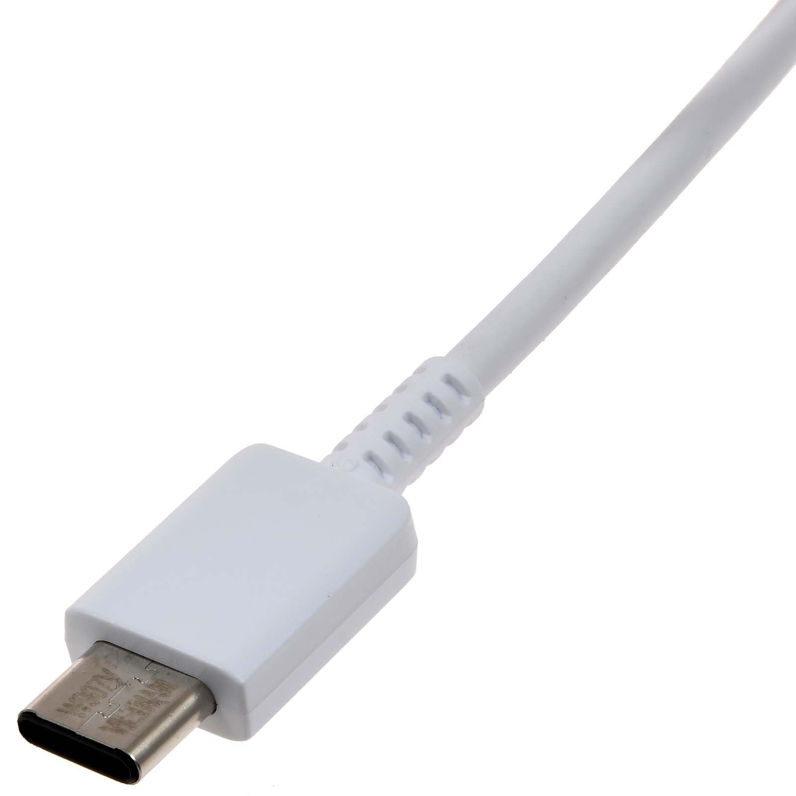Un cavo USB-C bianco con connettore argentato, isolato su sfondo bianco.