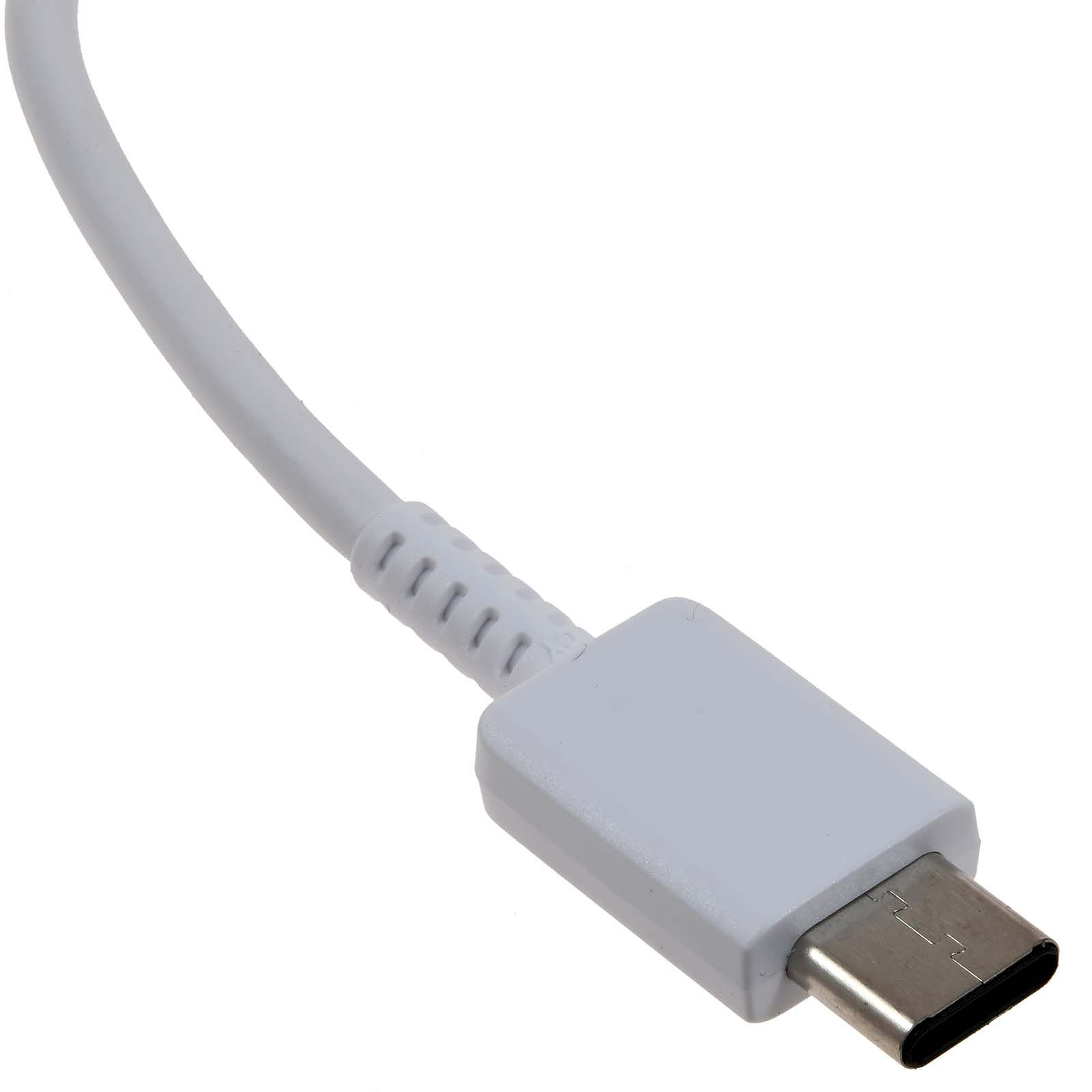 Un cavo USB-C bianco con connettore in metallo e impugnatura a coste.
