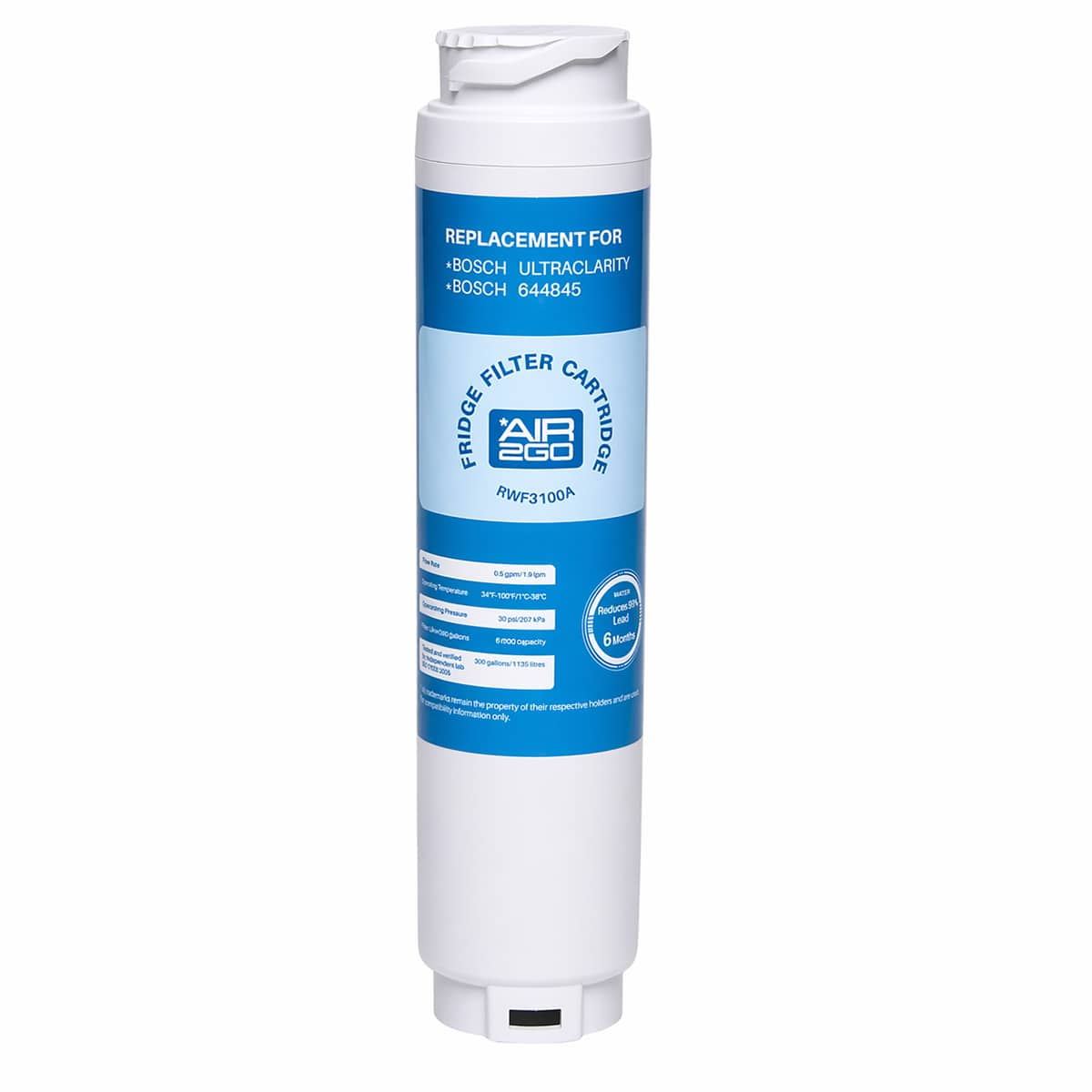 Ein weißer Kühlschrankfilter mit blauem Etikett, Modell RWF3100A.