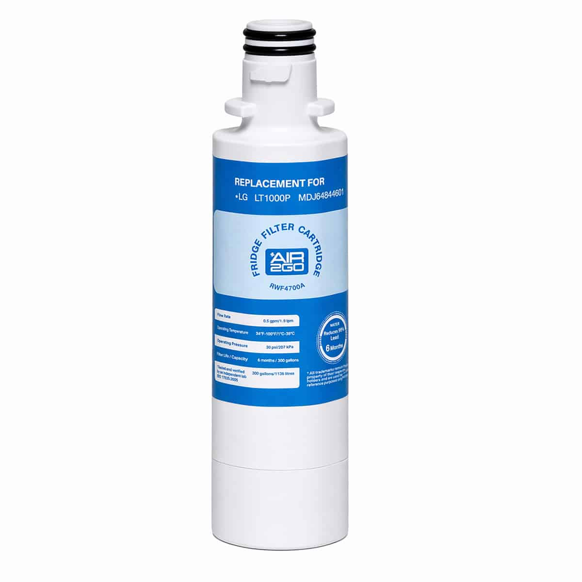 Ein weißer Kühlschrankwasserfilter mit blauem Etikett, Modell RWF4700A.