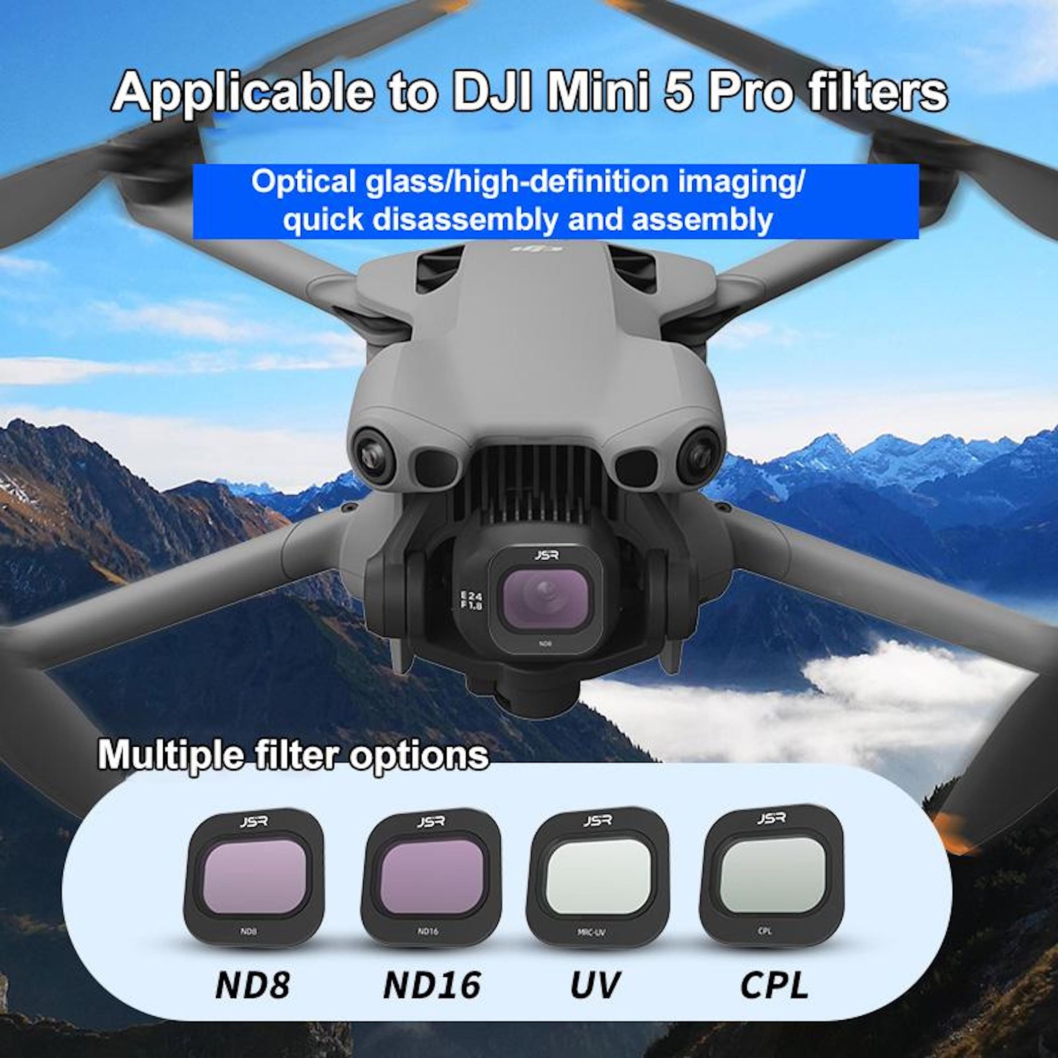Grauer DJI Mini 5 Pro Drohne mit vier Objektivfiltern und Bergkulisse.