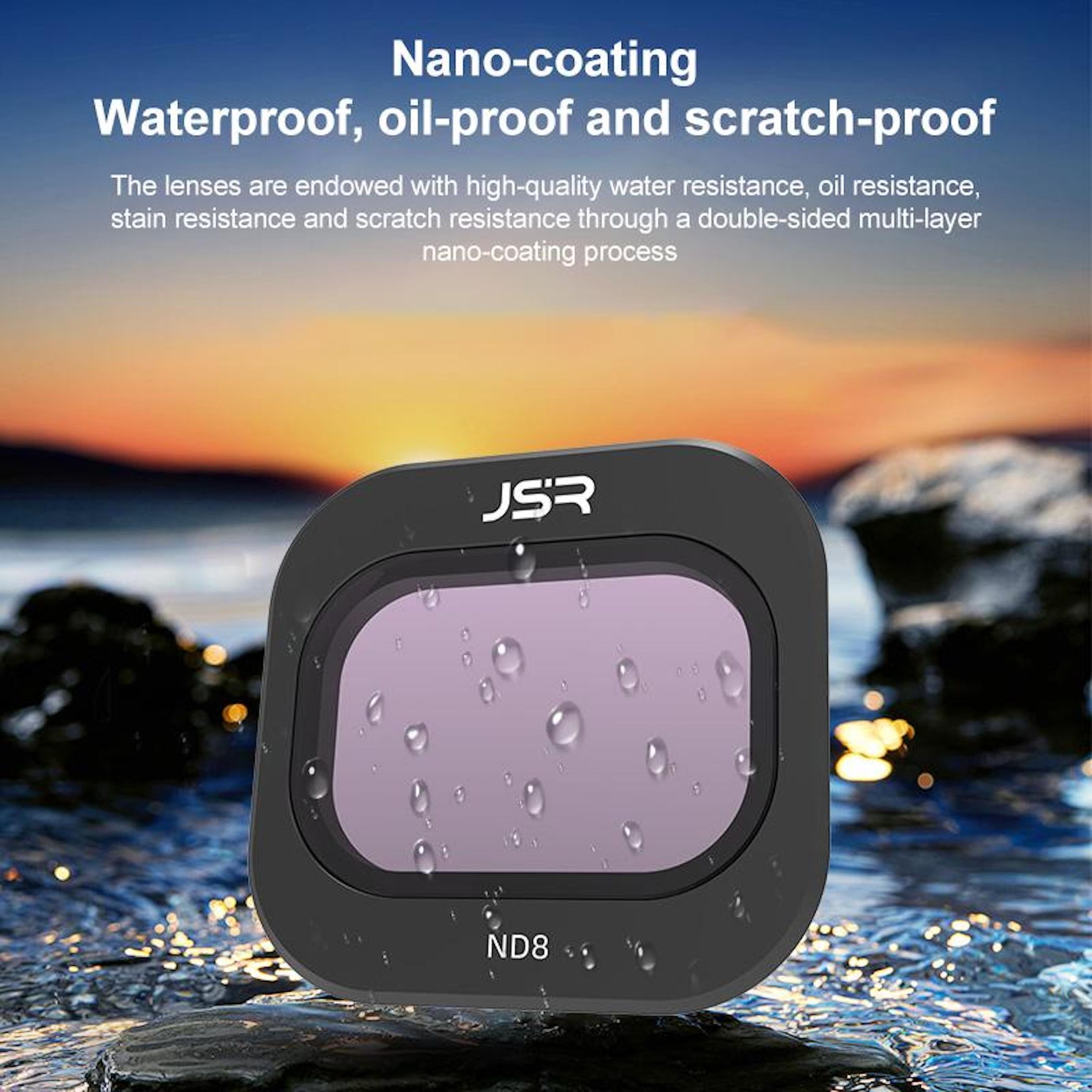 Ein ND8-Objektivfilter mit Wassertropfen, im Freien bei Sonnenuntergang.