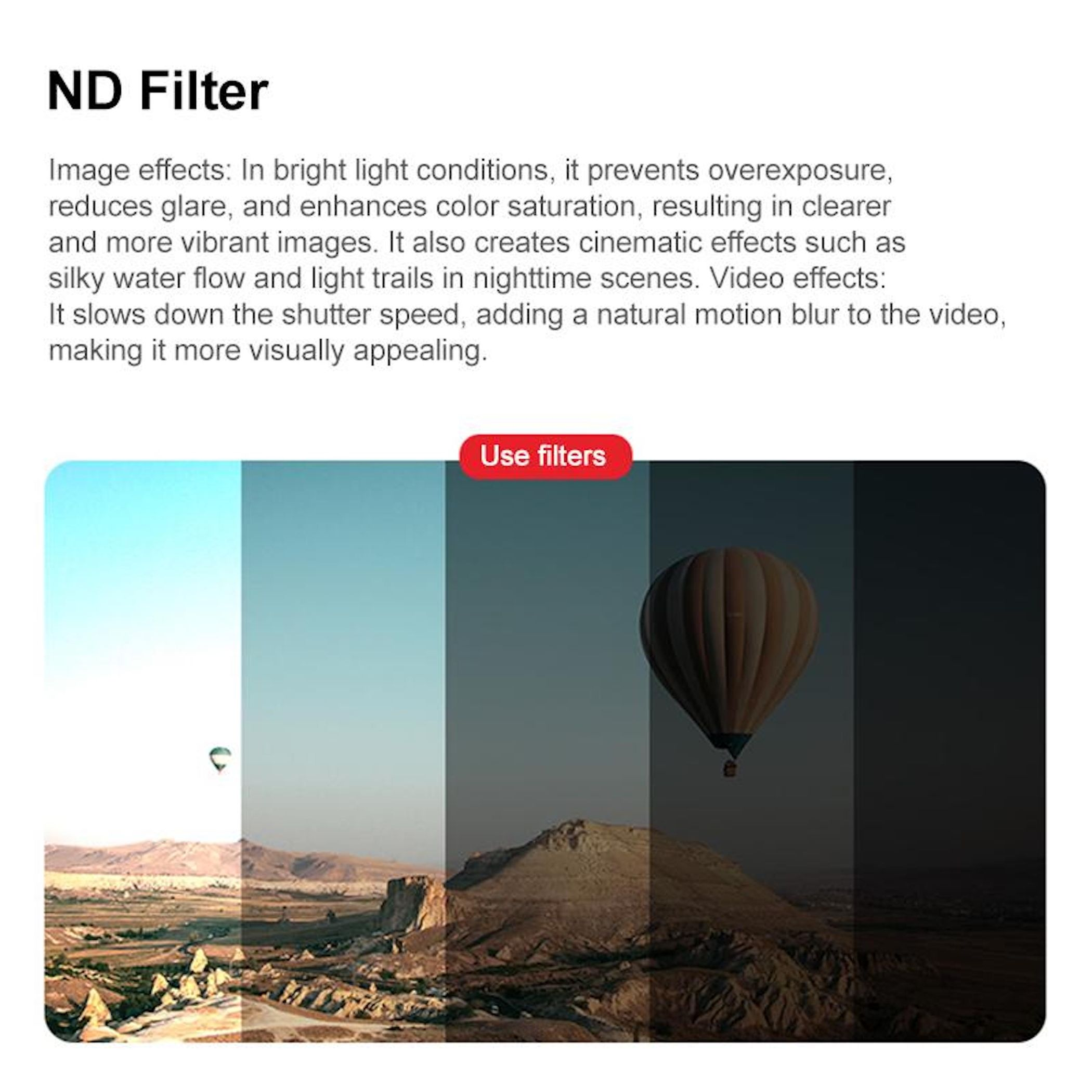Ein Heißluftballon fliegt über einer felsigen Landschaft mit abgestuften Filtern.