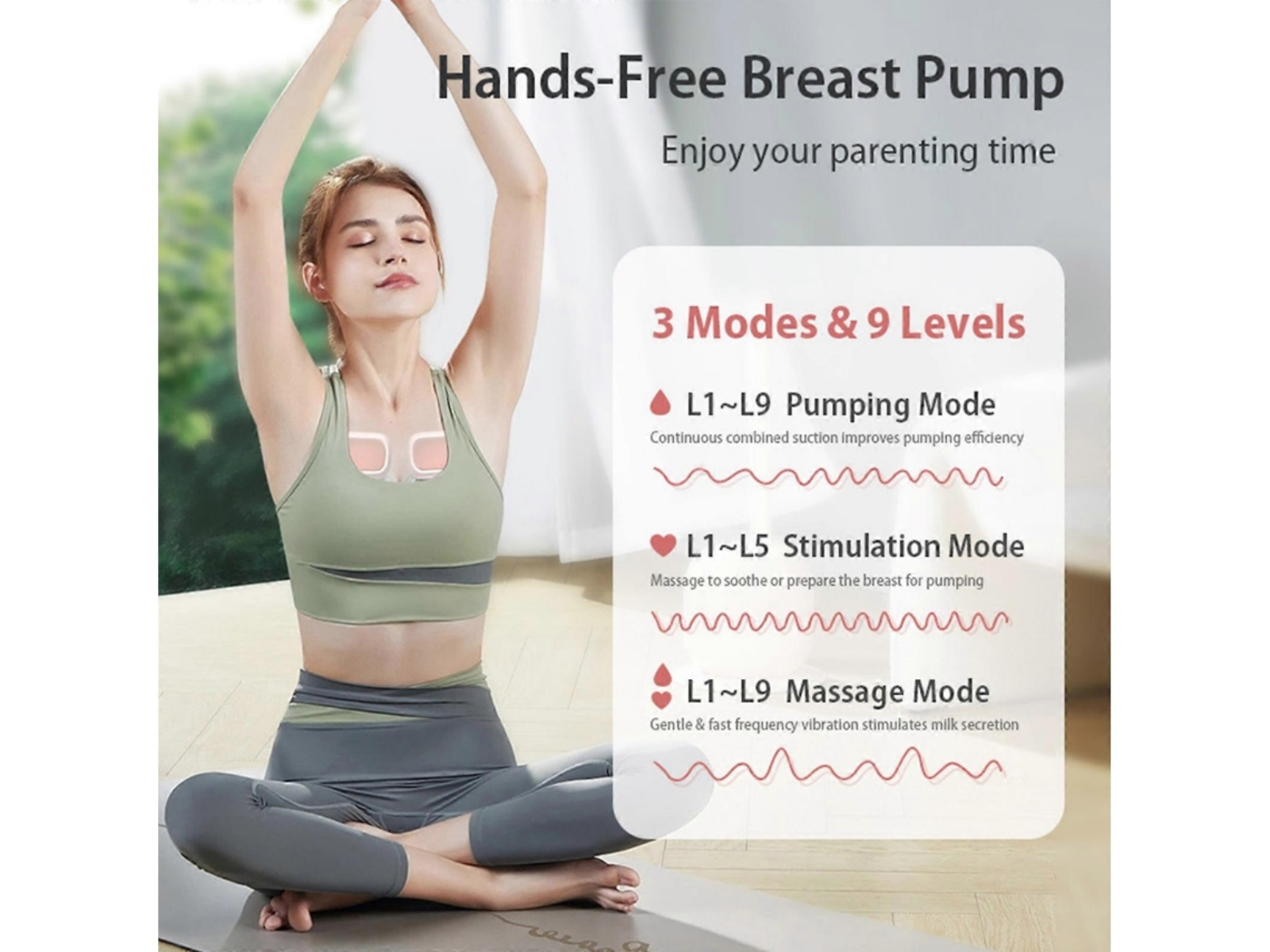 Frau in Yogapose mit freihändigem Brustpumpenaufsatz. 3 Modi & 9 Stufen.