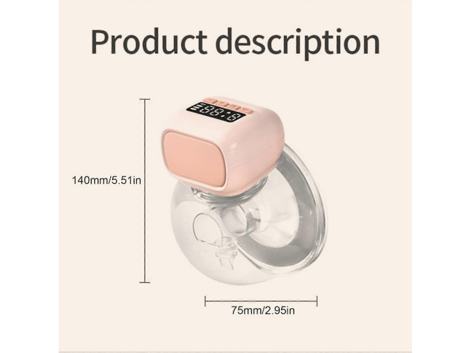 Rosa Milchpumpe mit digitaler Anzeige und Maßen von 140 mm Höhe und 75 mm Breite.