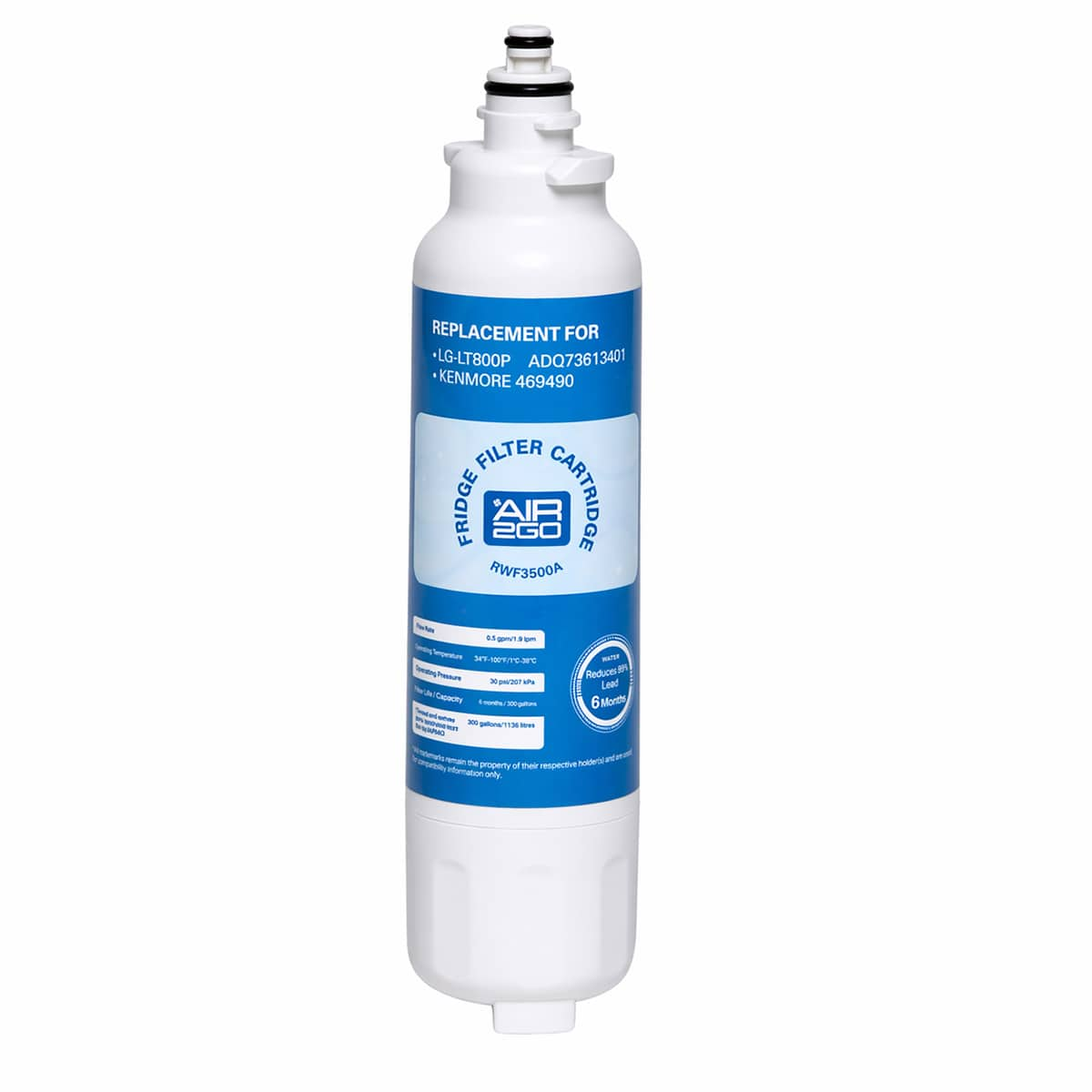 Ein weißer Kühlschrankfilter mit blauem Etikett, der für LG, Kenmore und Air2Go wirbt.
