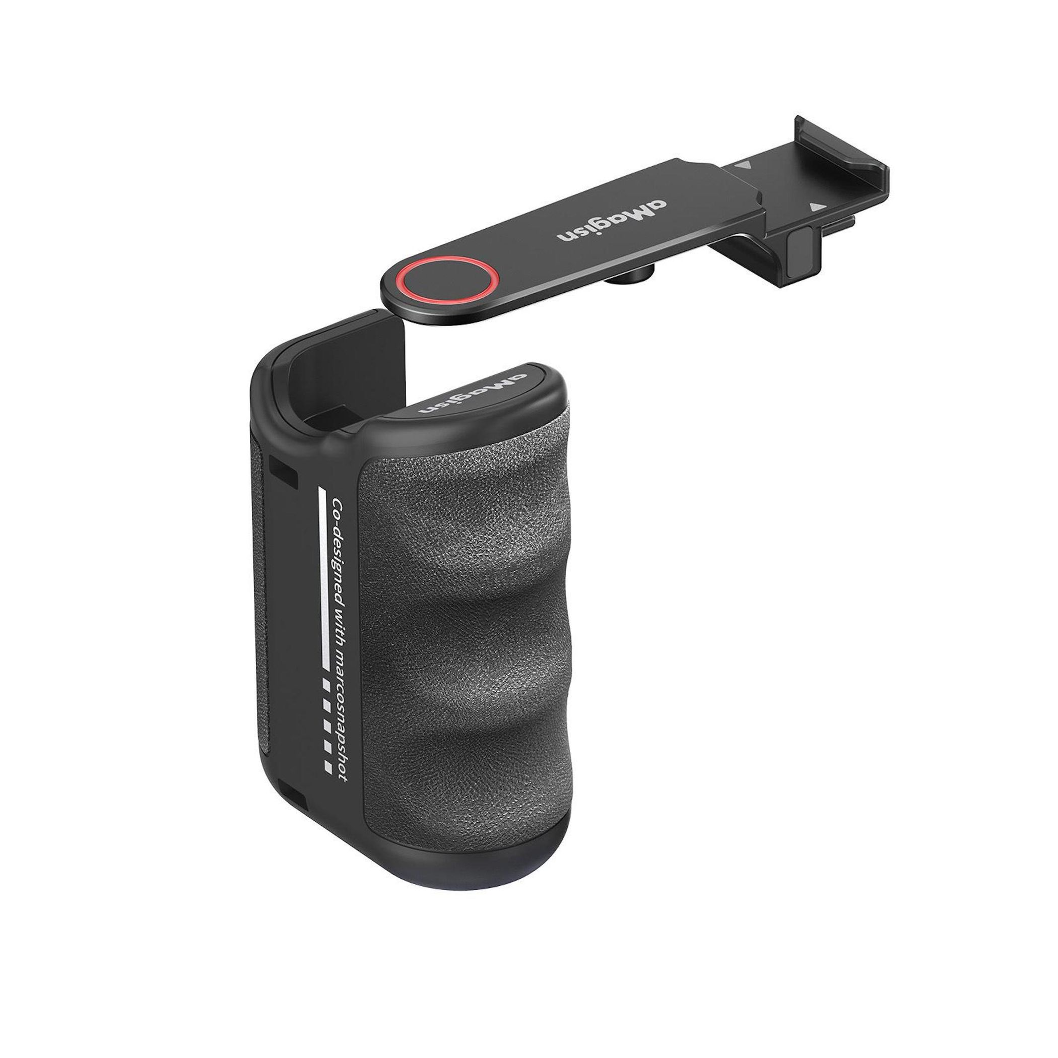 Impugnatura nera per fotocamera con supporto e anello rosso.