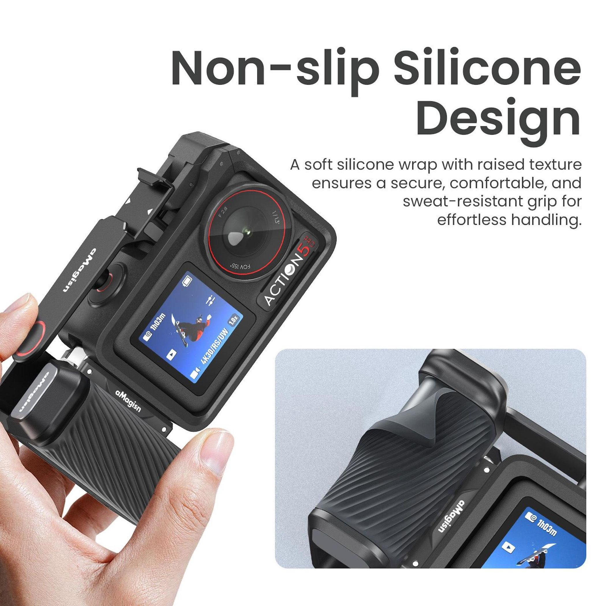 Action camera con impugnatura in silicone antiscivolo, tenuta da una mano.