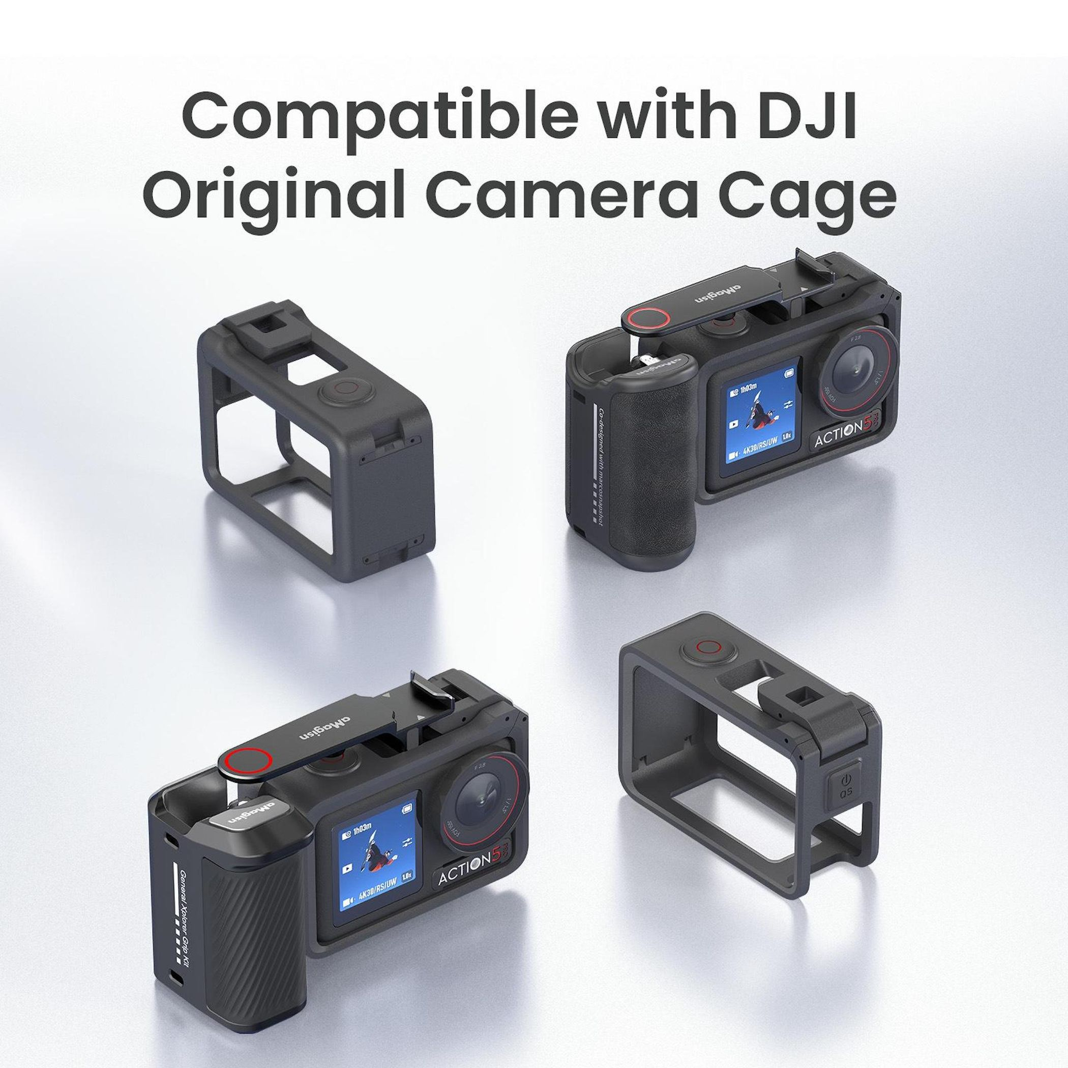 Una fotocamera DJI Action 5 con accessori e gabbie su sfondo bianco.