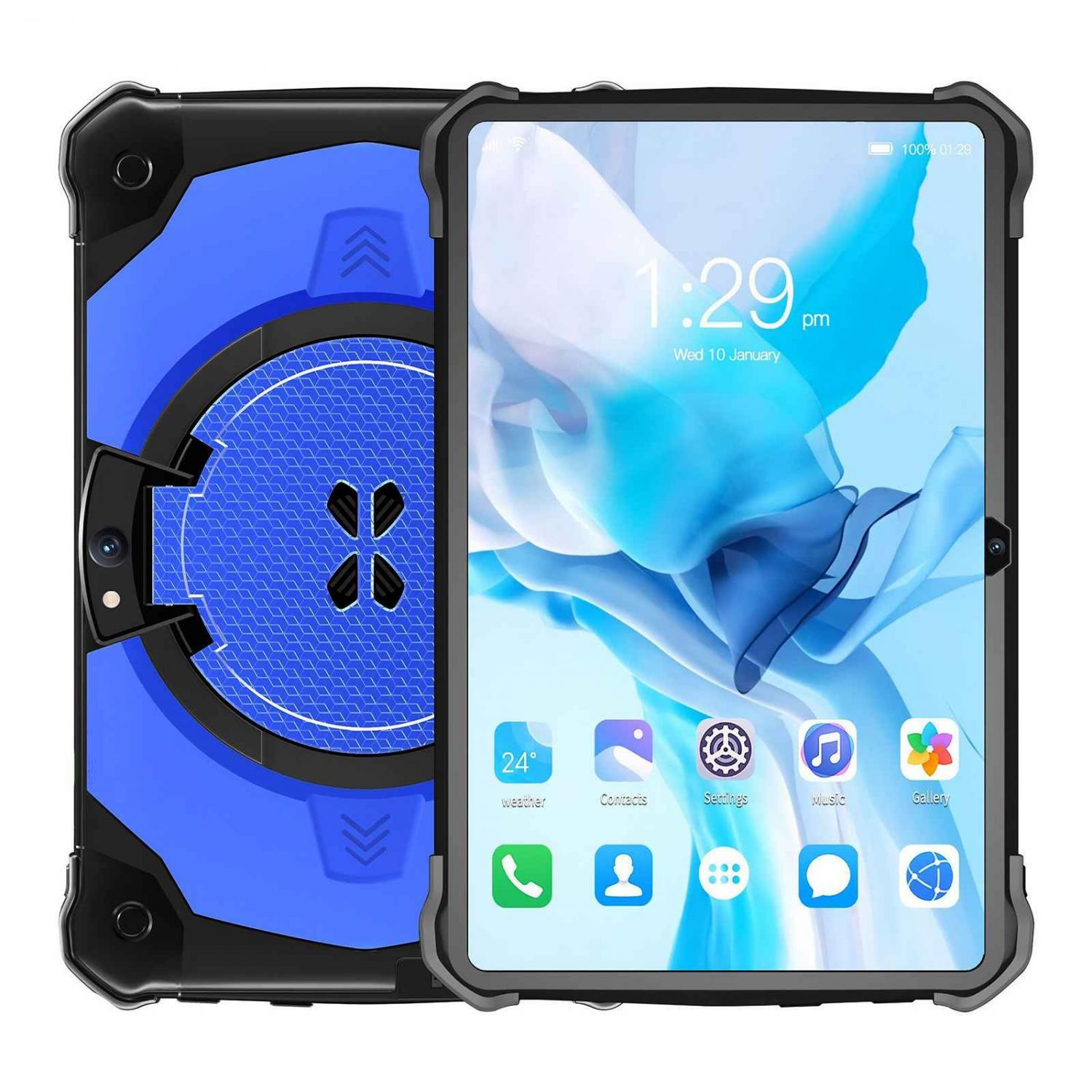 Ein robustes blaues und schwarzes Tablet wird gezeigt. Der Bildschirm zeigt Uhrzeit, Datum und App-Symbole.