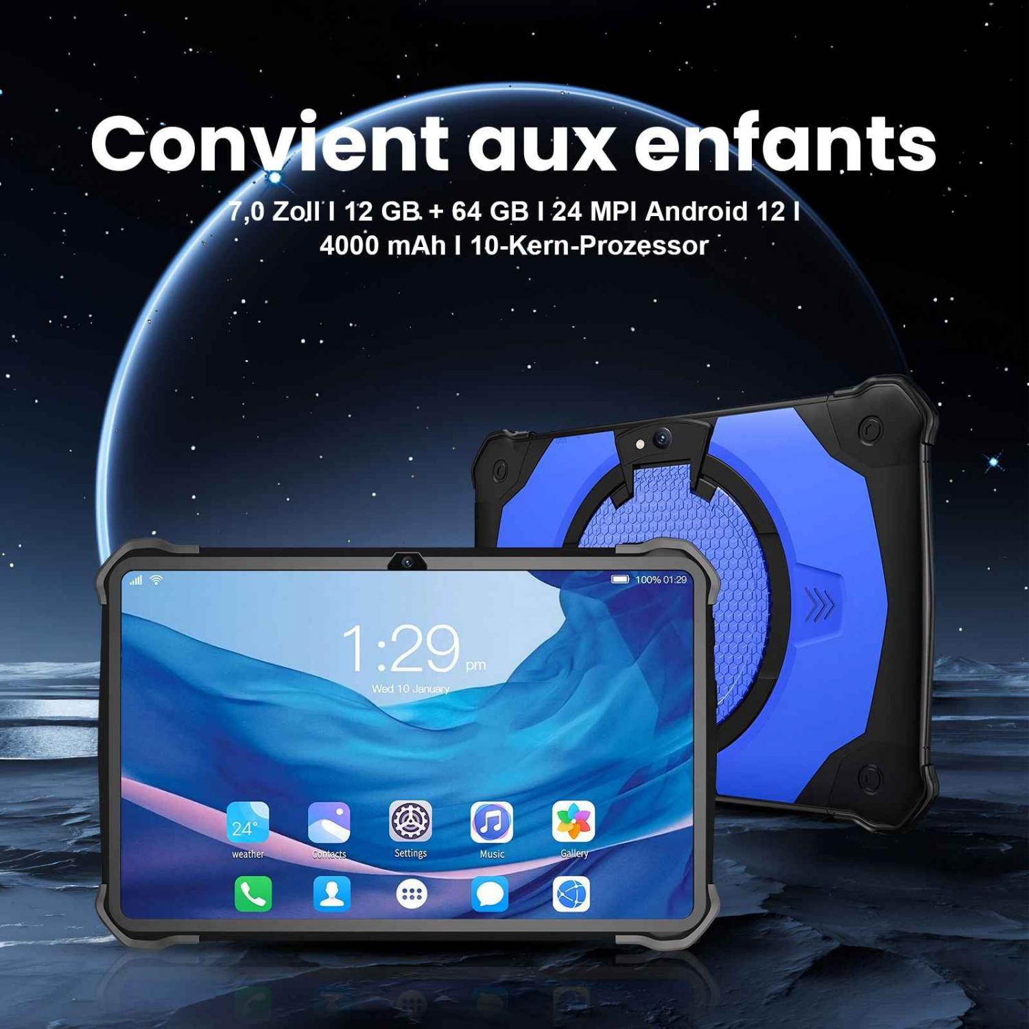 Ein blaues Tablet mit schwarzem Rahmen steht vor einem dunklen Weltraumhintergrund mit Sternen.