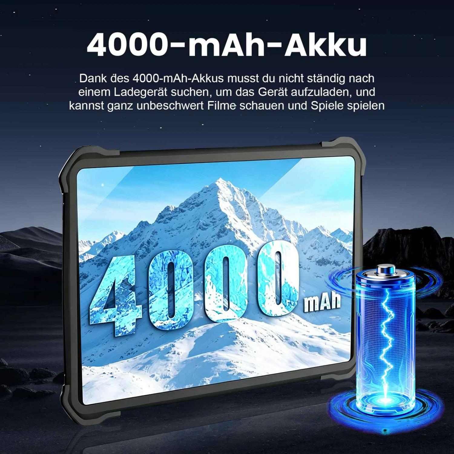 Tablet mit 4000mAh Akku und Berglandschaft auf dem Bildschirm.