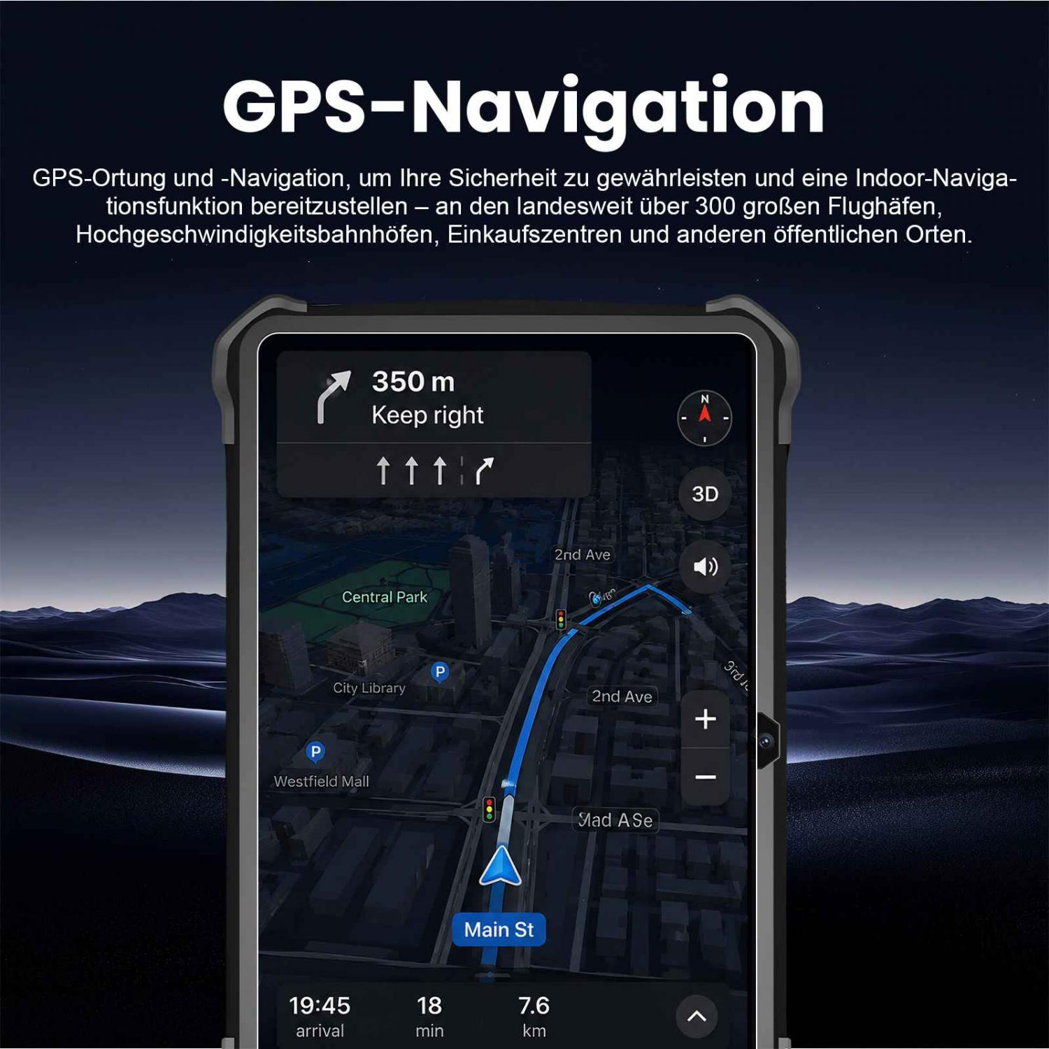 GPS-Navigationsbildschirm zeigt eine Stadtkarte mit einer blauen Route und Anweisungen.