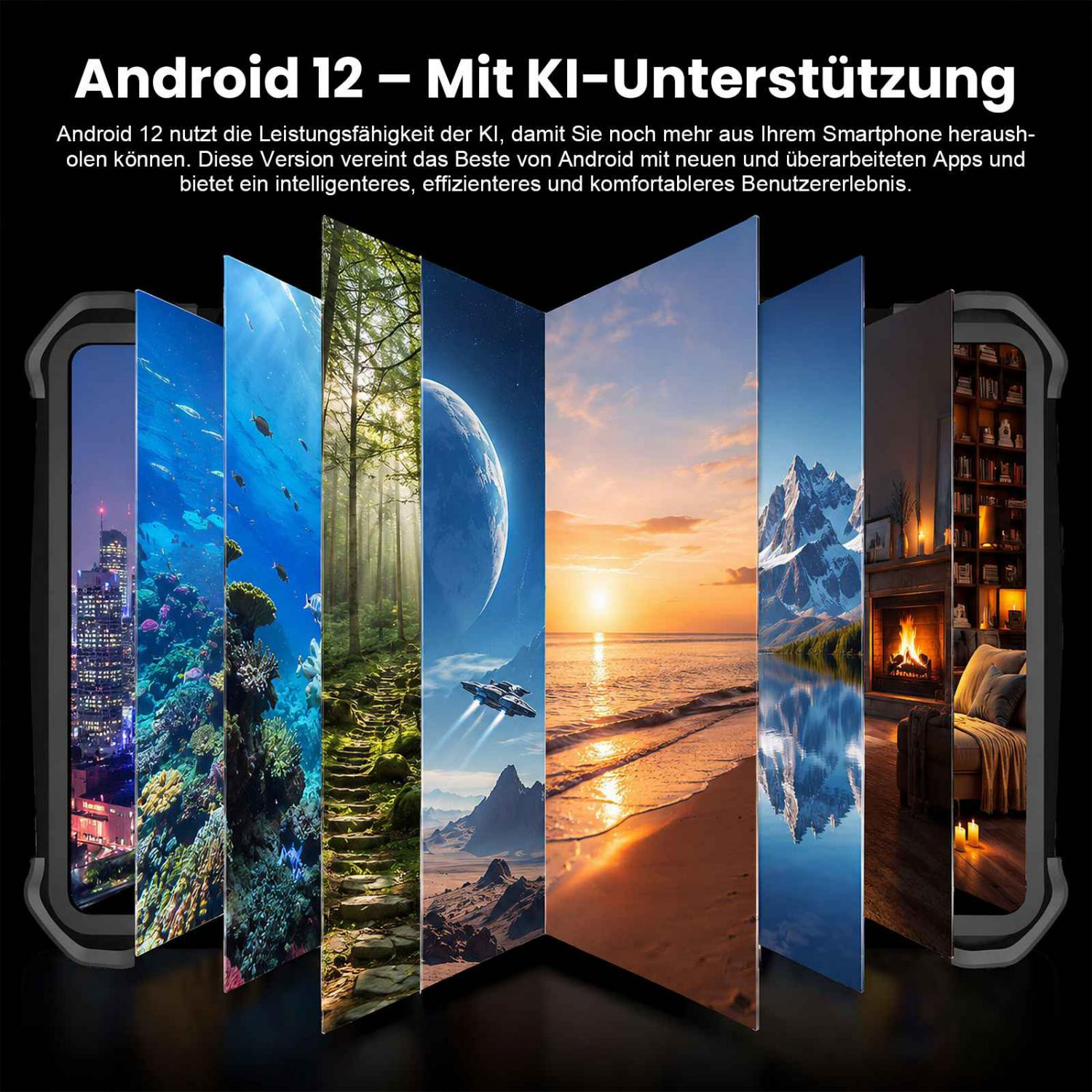 Android 12: Collage aus verschiedenen Szenen, darunter Stadt, Meer, Wald, Weltall und Kamin.