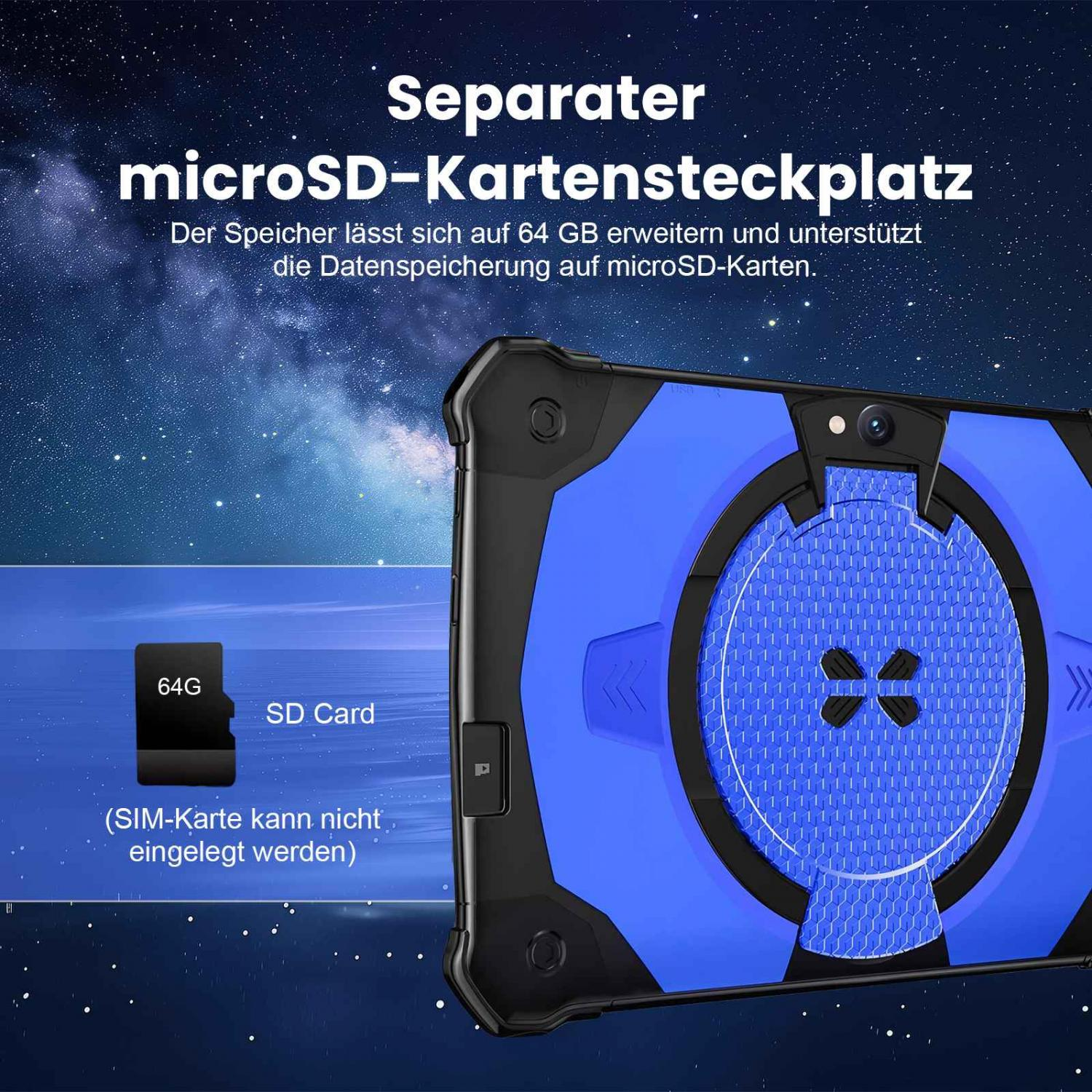 Ein Tablet mit einem separaten microSD-Kartensteckplatz für 64 GB Speicher.