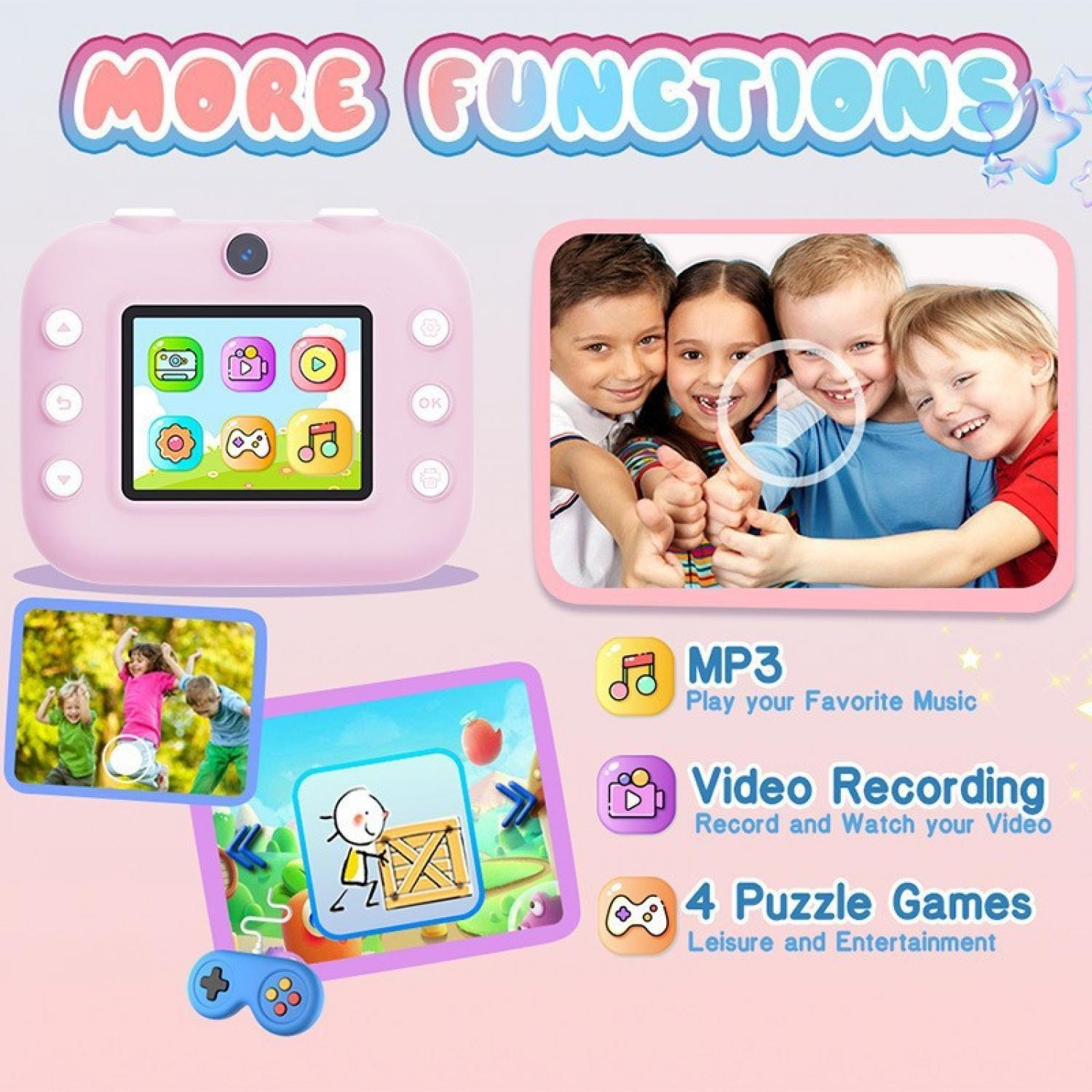 Ein rosafarbenes Spielzeugkamera-Display mit App-Icons und Kindern, die Musik, Video und Spiele zeigen.