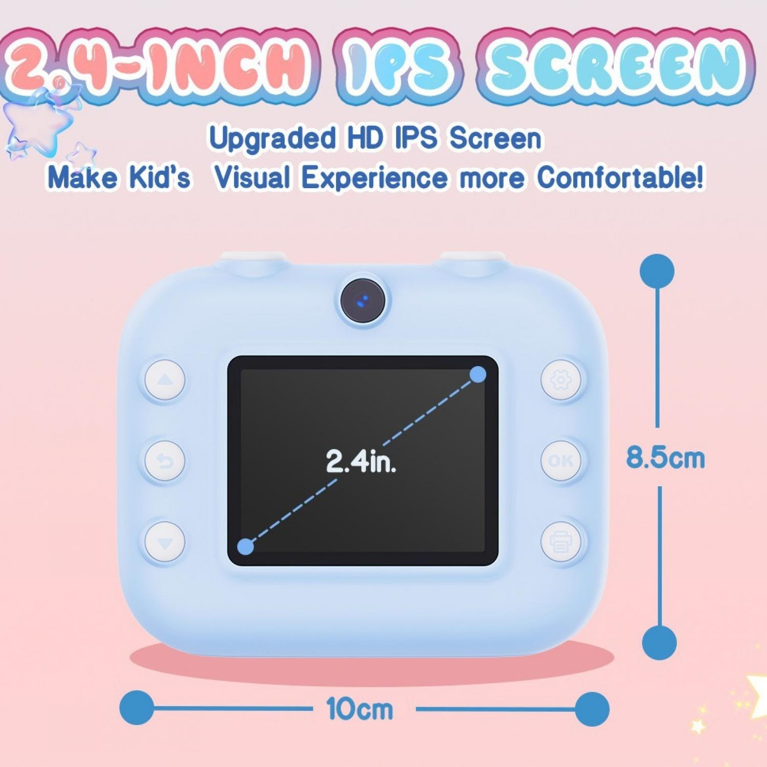 Ein hellblaues Kinderkameragerät mit 2,4-Zoll-Bildschirm, 10 cm breit und 8,5 cm hoch.