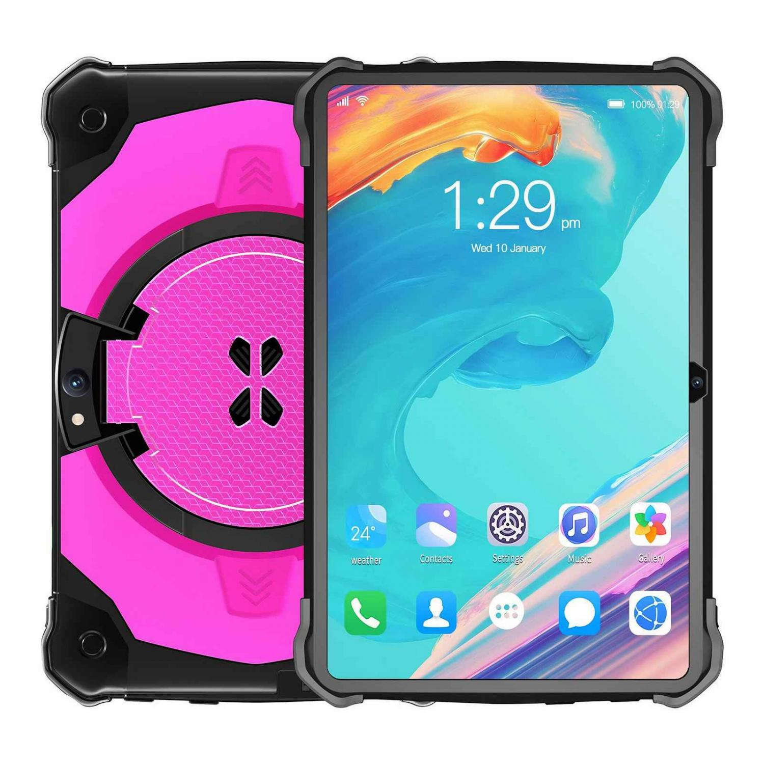 Ein rosa und schwarzes Tablet mit einem großen Bildschirm, der die Uhrzeit 1:29 Uhr anzeigt.