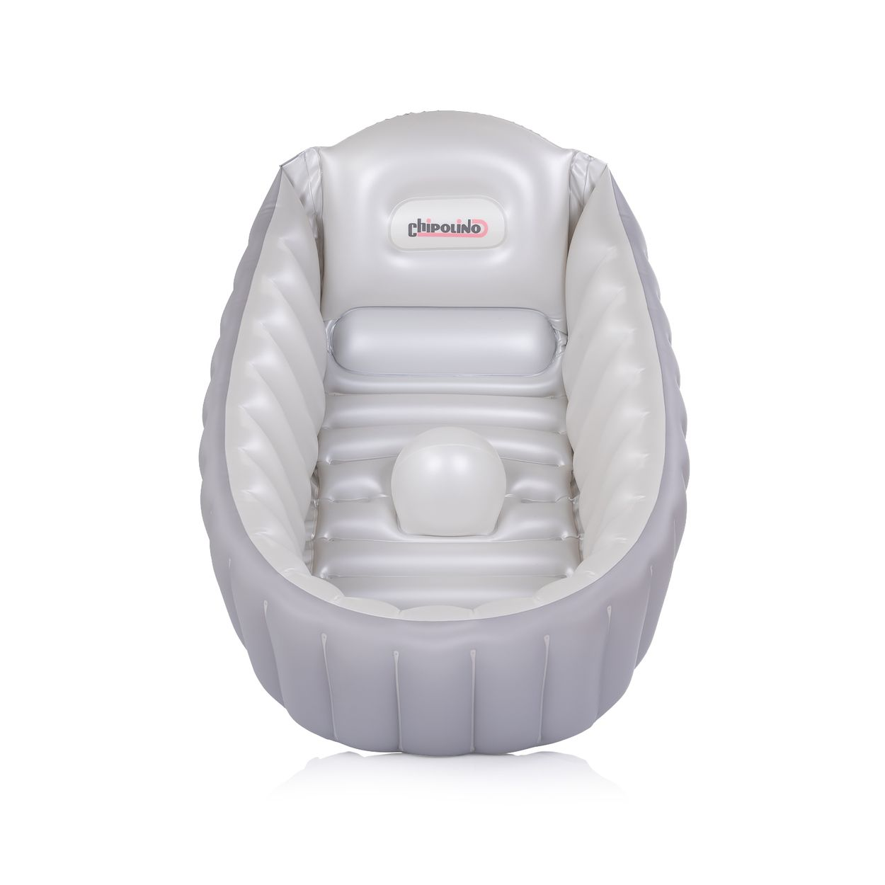 Aufblasbare Babybadewanne in Grau und Weiß mit Logo.