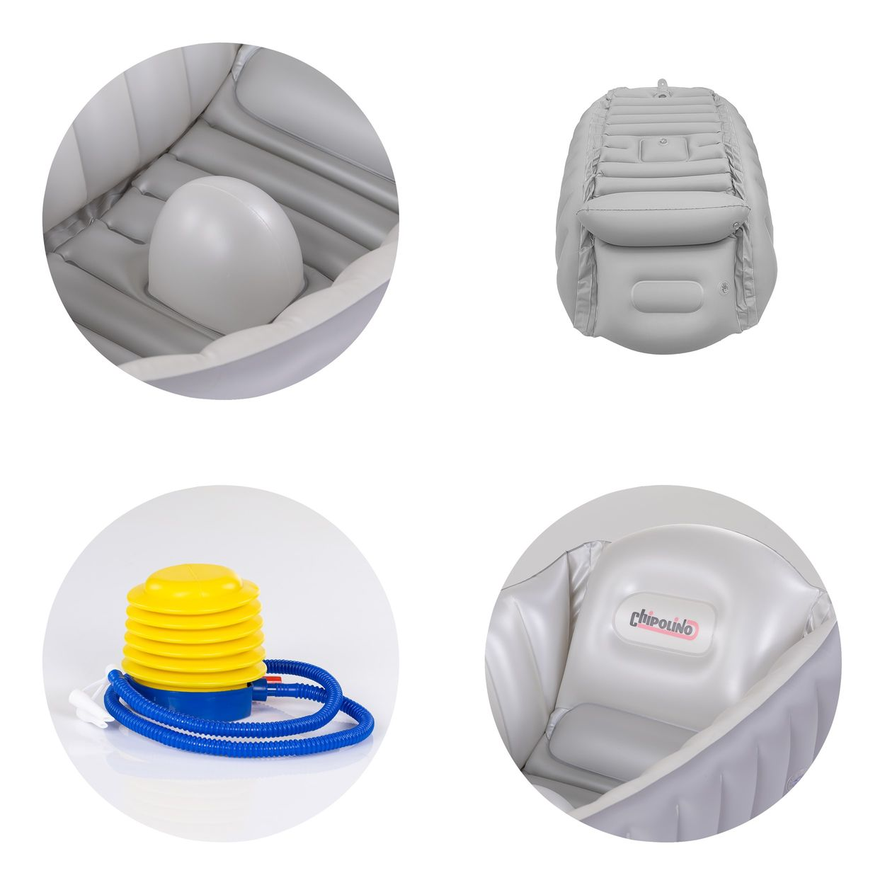 Graue aufblasbare Babybadewanne mit Stütze und gelber Luftpumpe.