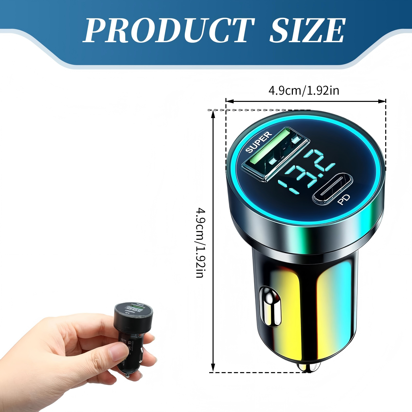 Ein schwarzer Autoladegerät-Adapter mit LED-Anzeige und zwei USB-Anschlüssen.