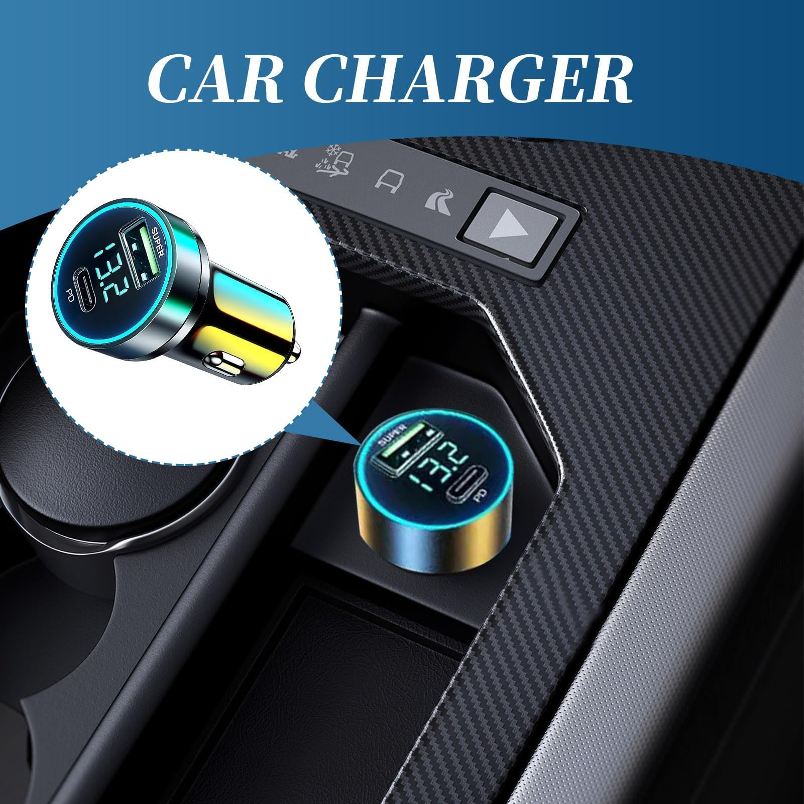 Ein digitaler Auto-Zigarettenanzünder-Adapter mit blauer LED-Anzeige wird in einer Mittelkonsole gezeigt.