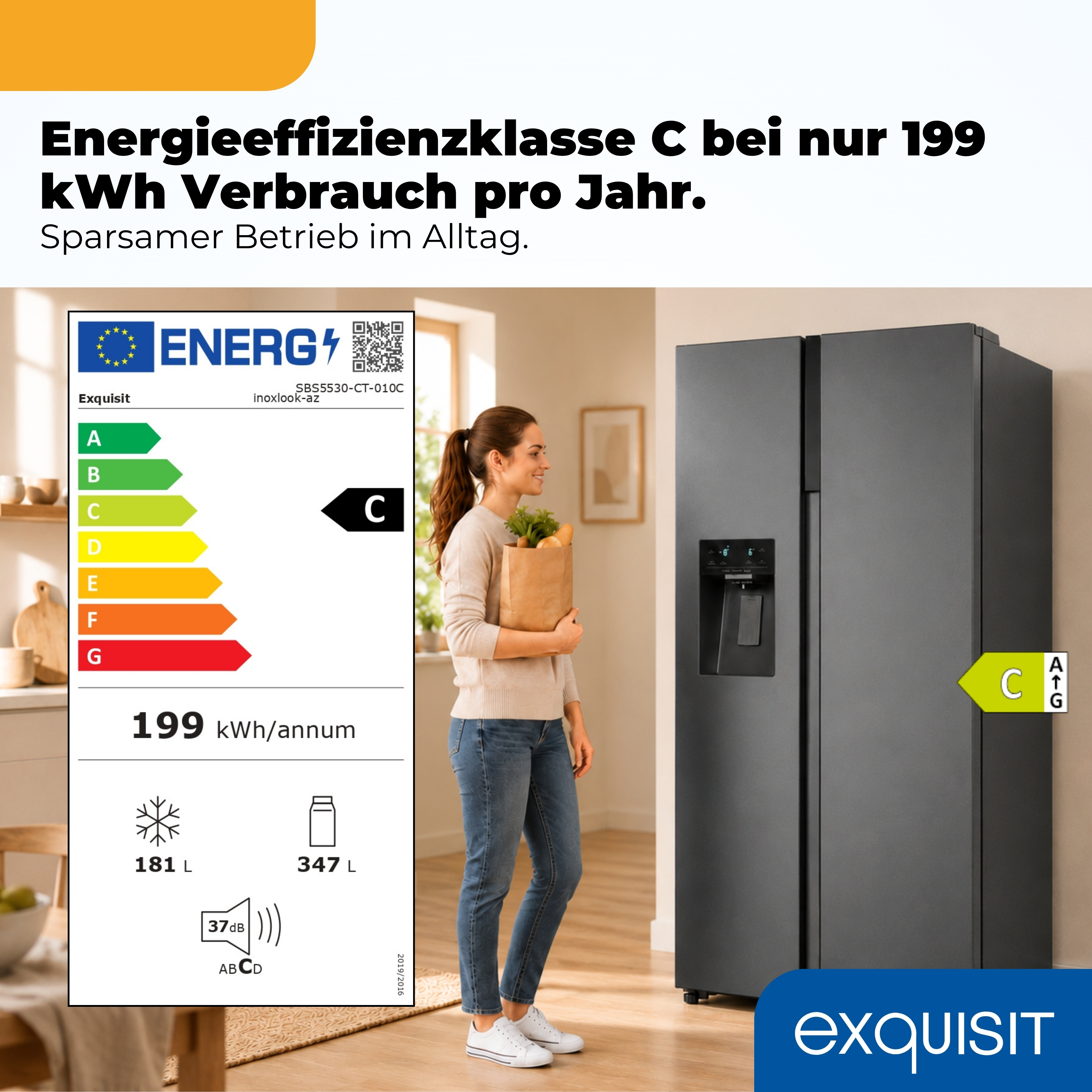 Kühlschrank mit Energieeffizienzklasse C, 199 kWh/Jahr, mit einer Frau.