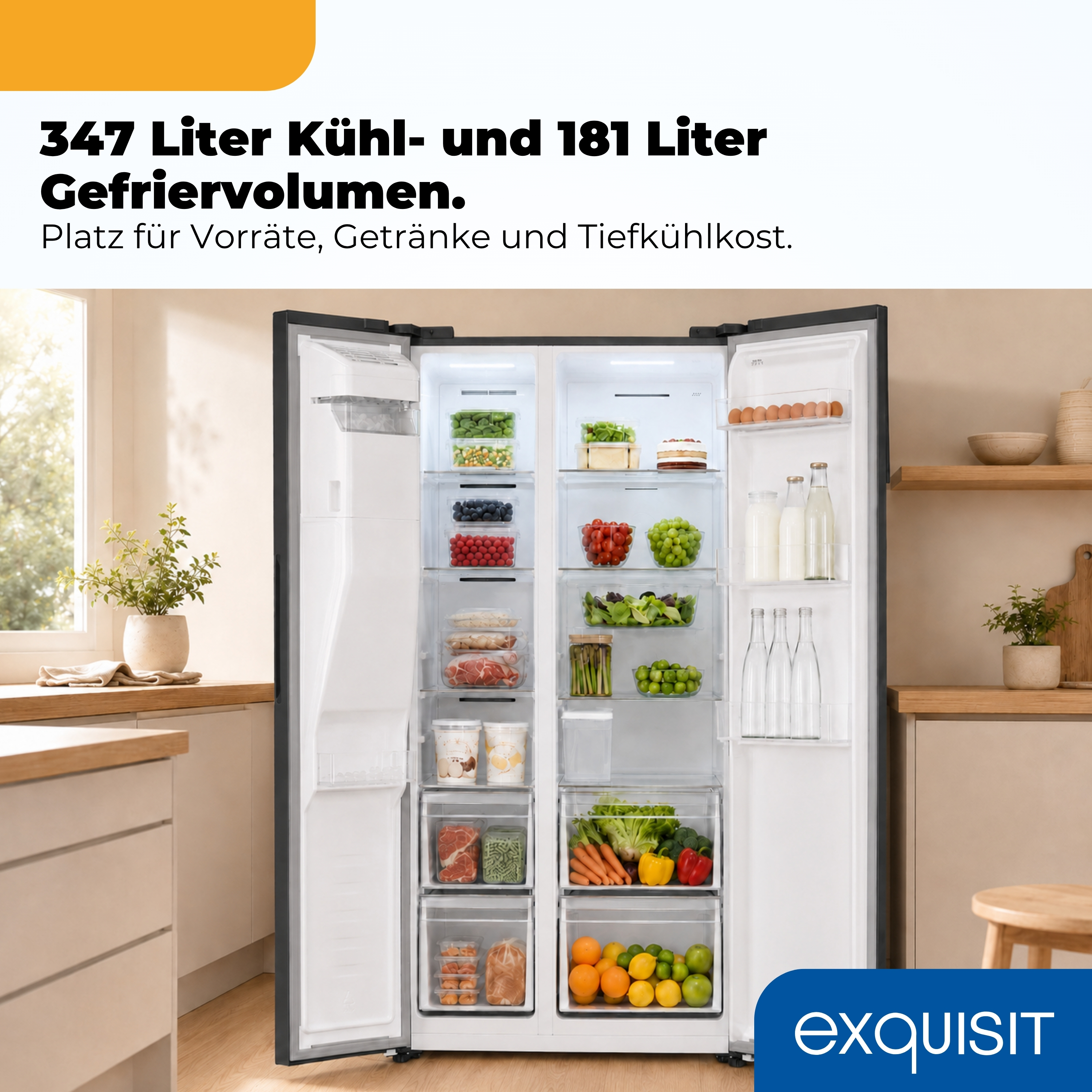 Ein offener Kühlschrank mit viel Lebensmitteln, Obst und Gemüse, daneben eine Küchentheke.