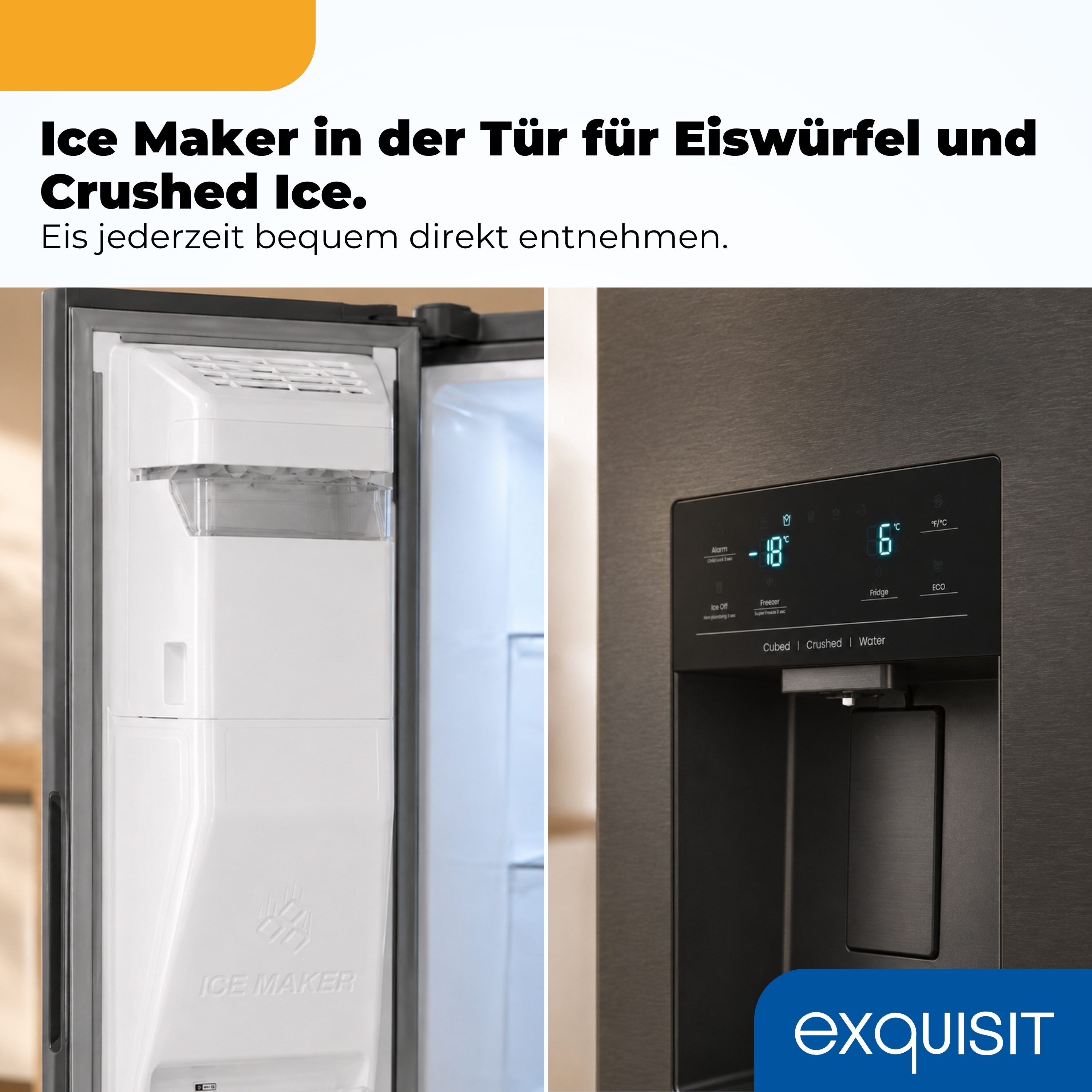 Einbau-Eisbereiter für Eiswürfel und Crushed Ice in der Kühlschranktür.
