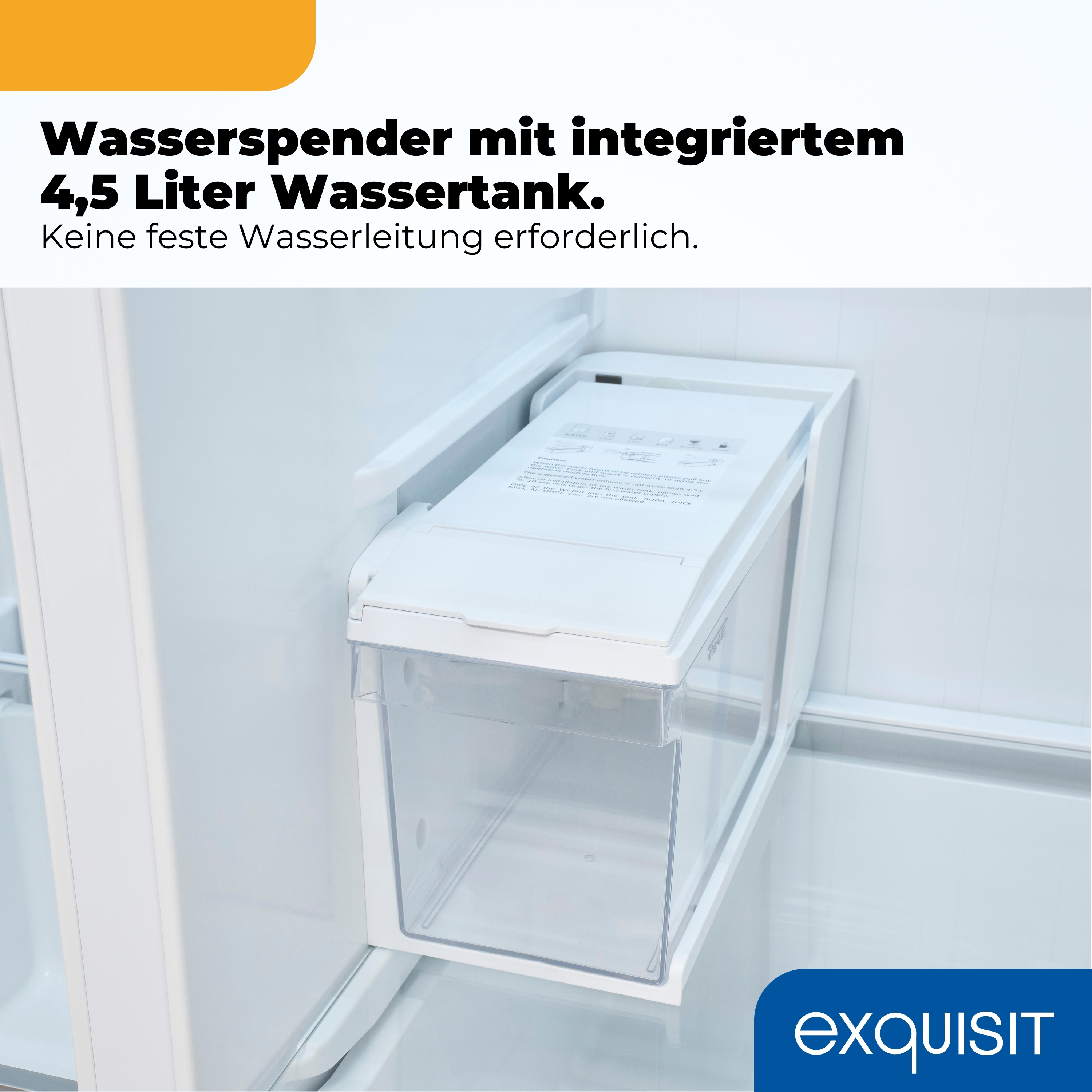Ein weißer Wasserspender mit einem transparenten 4,5L Wassertank. Der Tank ist herausnehmbar.