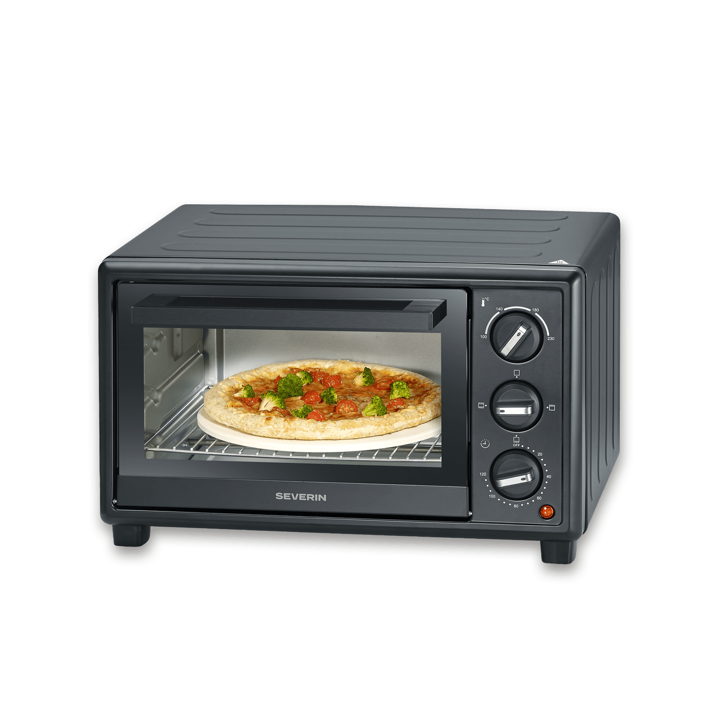 Ein schwarzer Tischbackofen mit einer Pizza darin. Er hat Drehregler und ein Glasfenster.