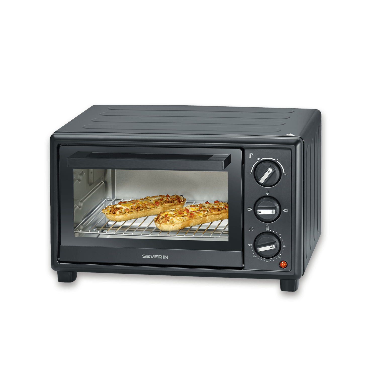 Ein schwarzer Tischbackofen mit drei belegten Baguettes auf einem Rost im Inneren.