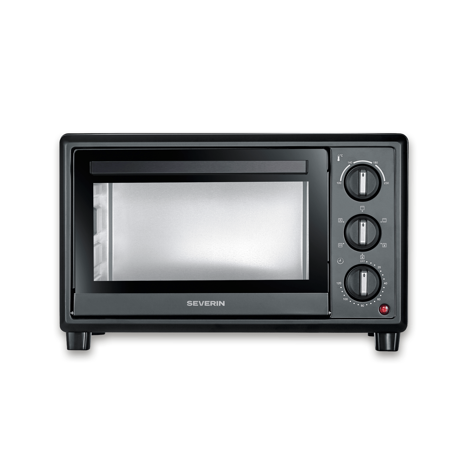 Un mini forno Severin nero con tre manopole e una porta in vetro.