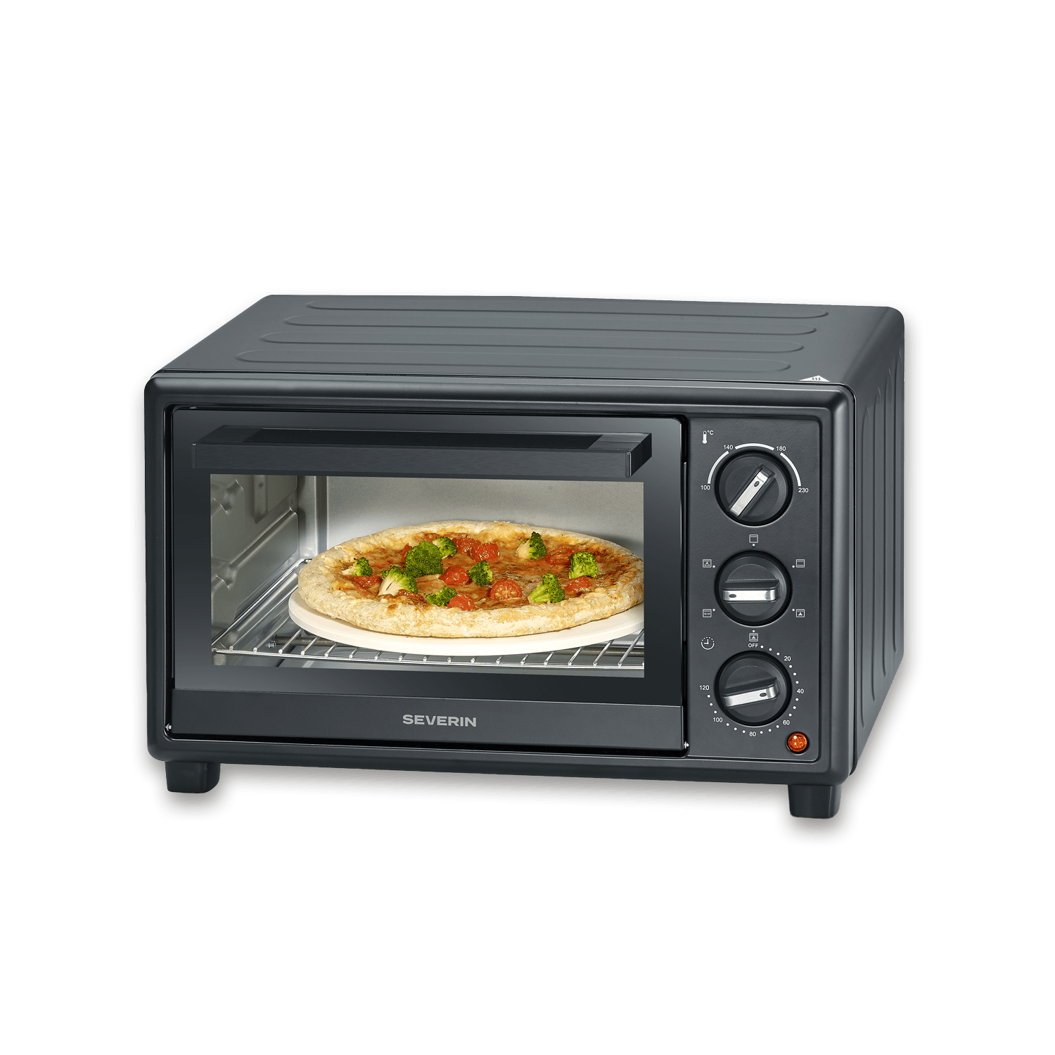 Un forno da banco nero con pietra per pizza e pizza all'interno.