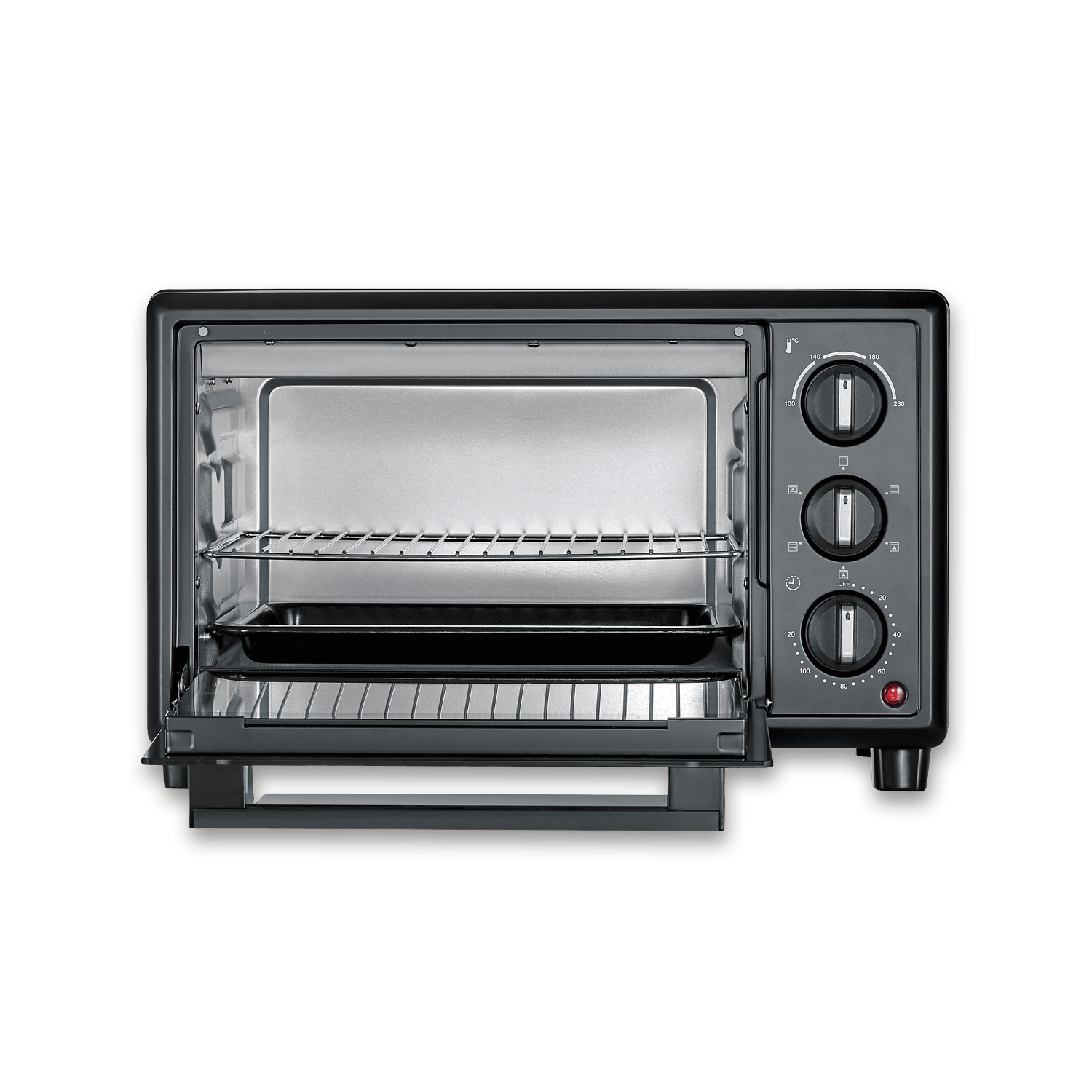 Un forno da banco nero con porta aperta, che mostra interno e controlli.
