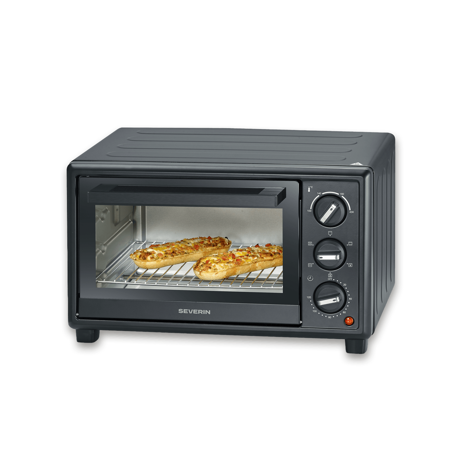 Un forno Severin nero con tre baguette gratinate sulla griglia.