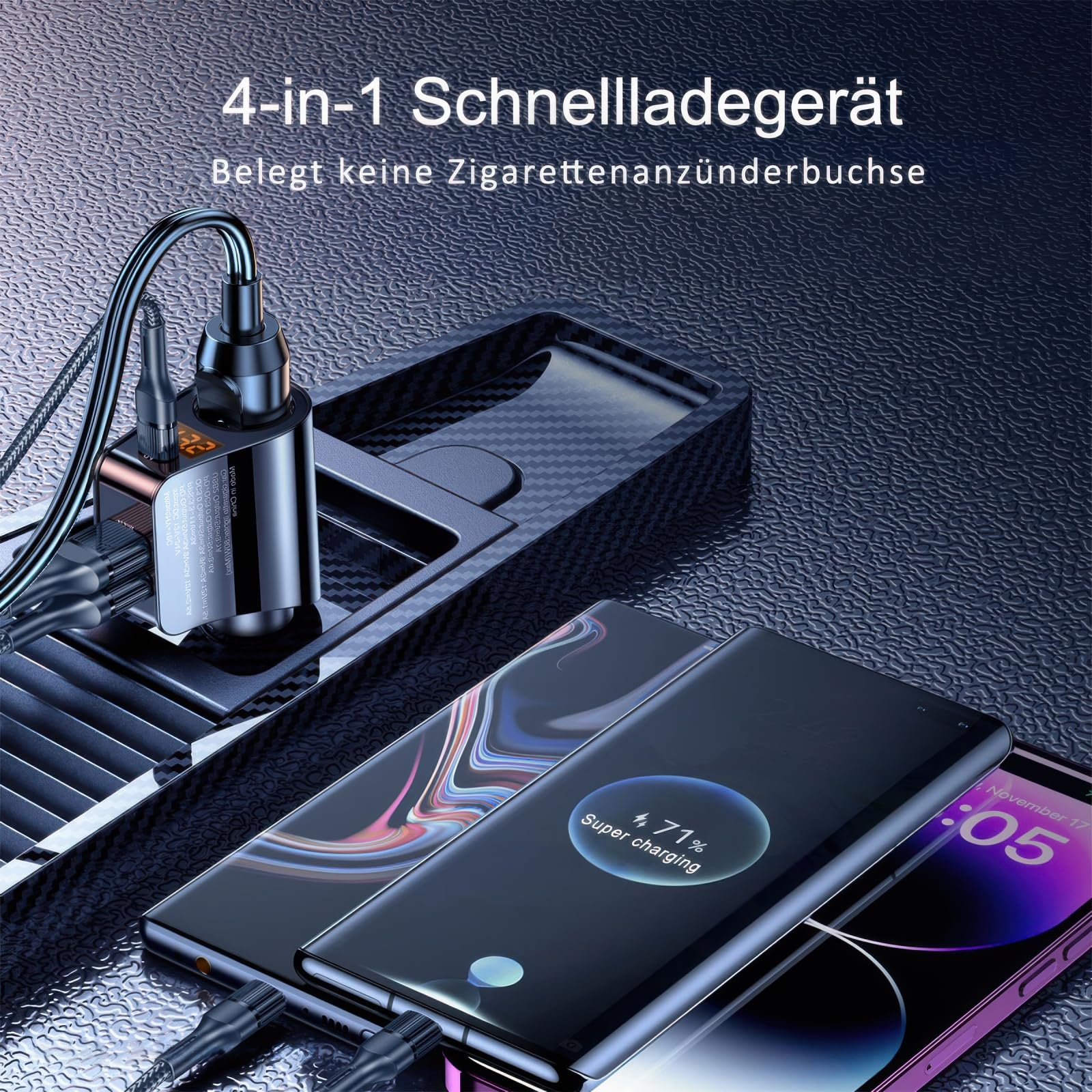 Ein 4-in-1-Schnellladegerät mit Kabeln und zwei Smartphones, die geladen werden.