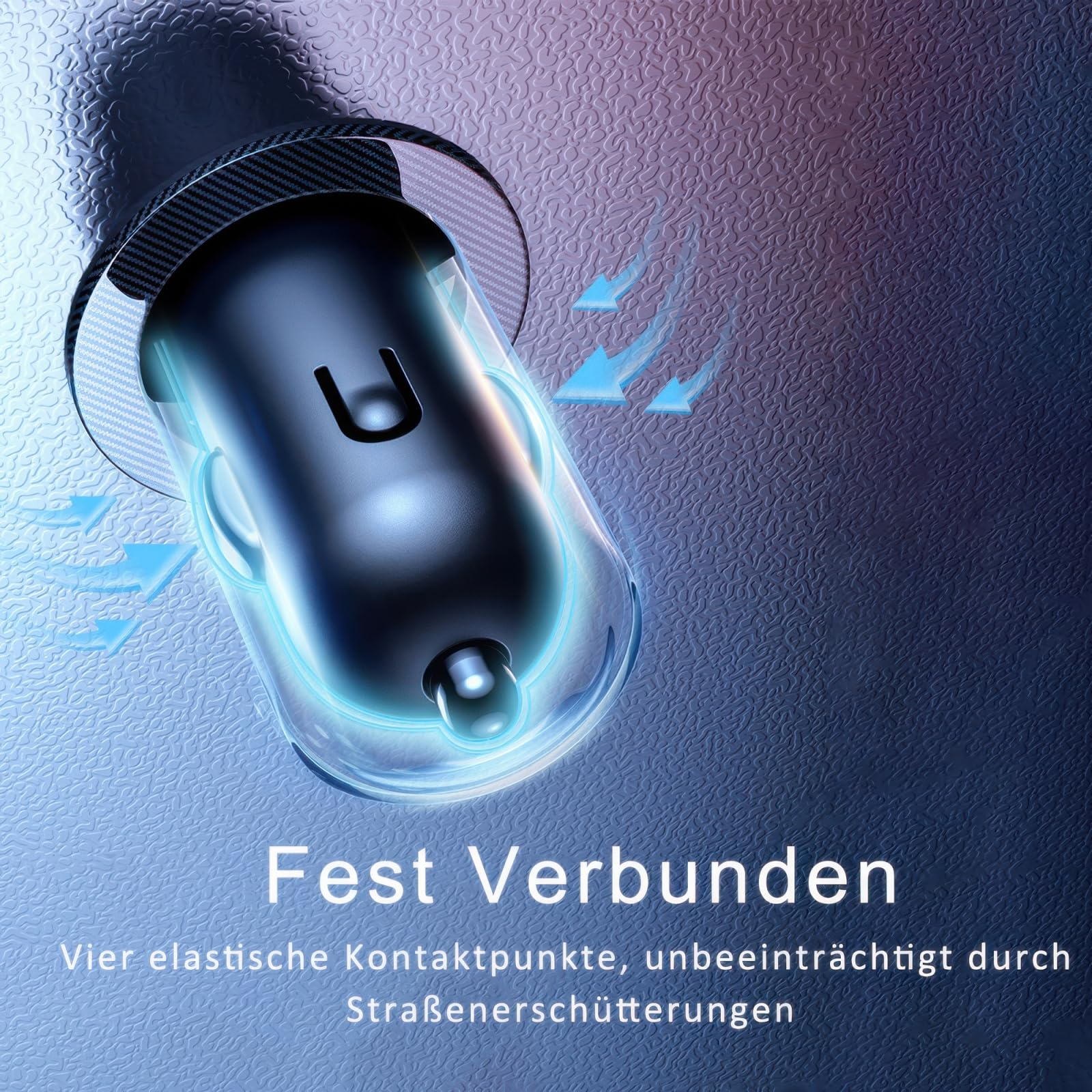 Ein schwarzer Gegenstand mit blauem Licht, der in einer U-Form steckt, auf einem gemusterten Hintergrund.