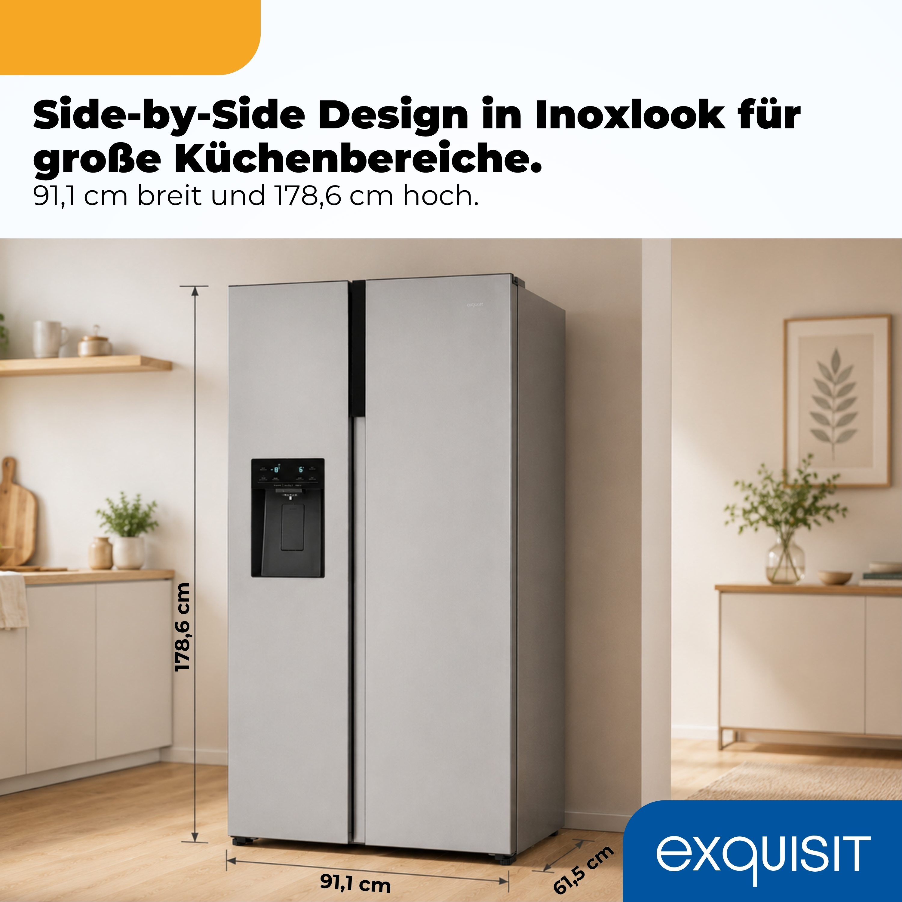 Ein silberner Side-by-Side Kühlschrank mit Wasserspender, 91,1 cm breit, 178,6 cm hoch.