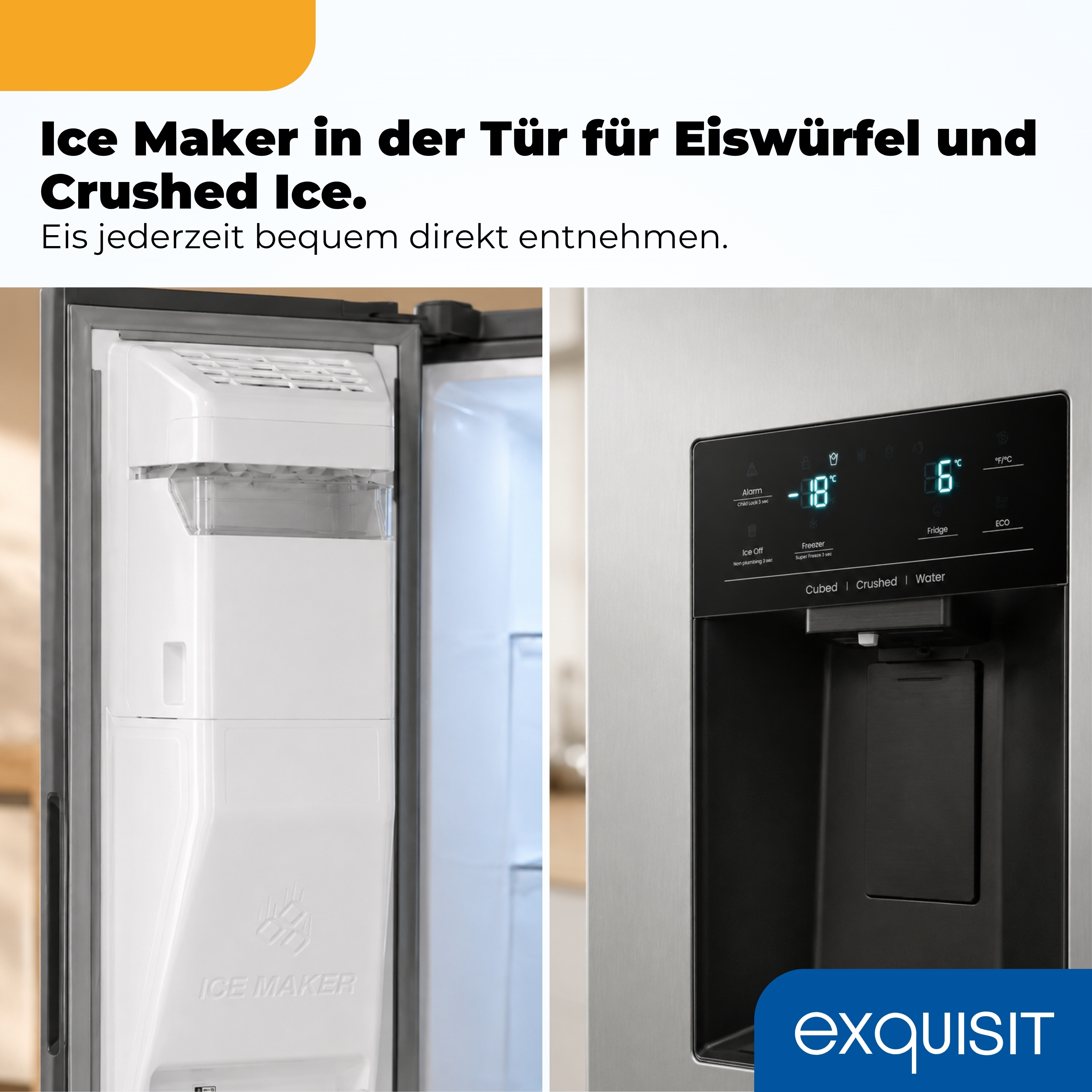 Kühlschranktür mit Eismaschine und Wasserspender. Gefrierfach bei -18°C, Kühlfach bei 6°C.